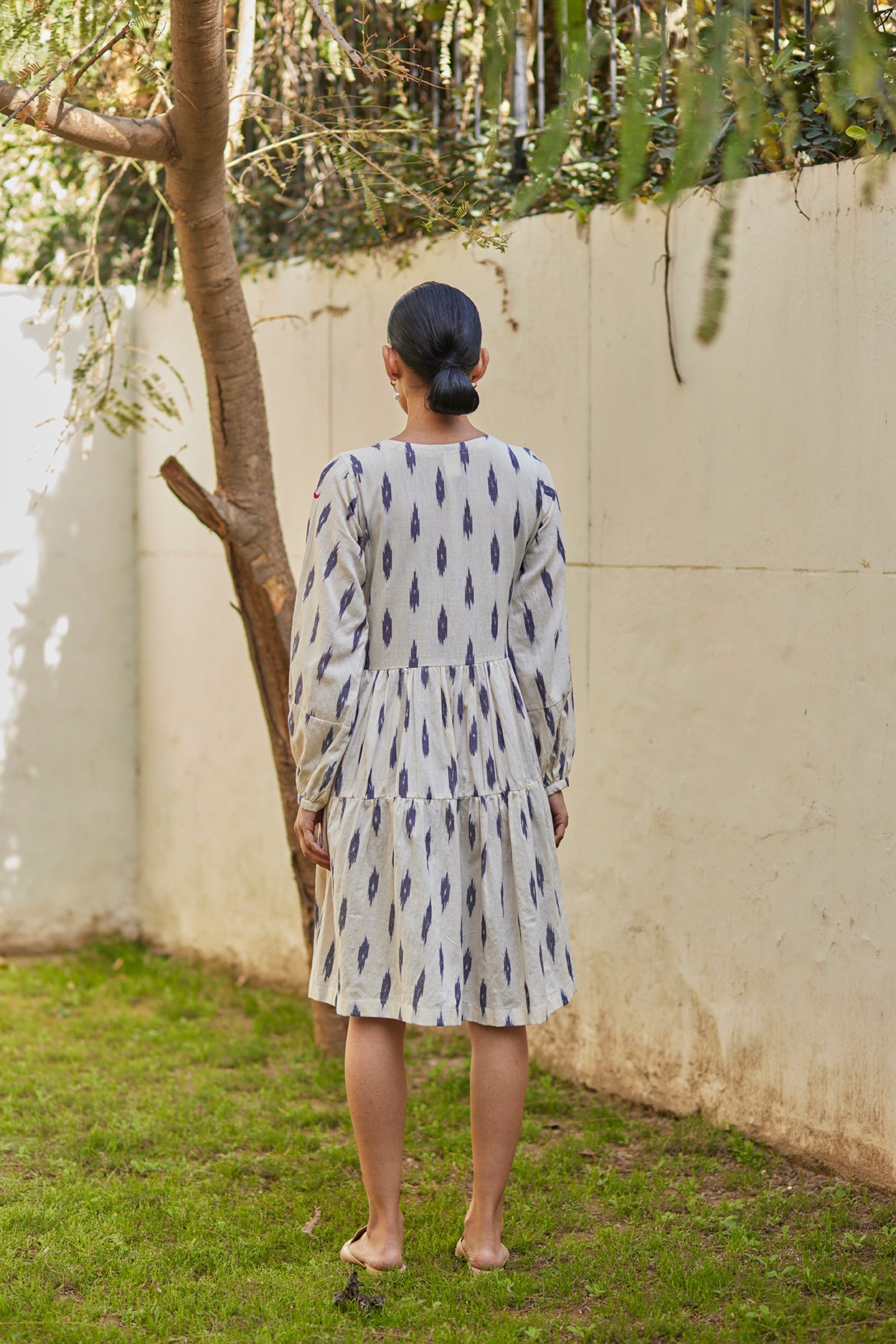 Handwoven White Ikat Flared Cotton Dress