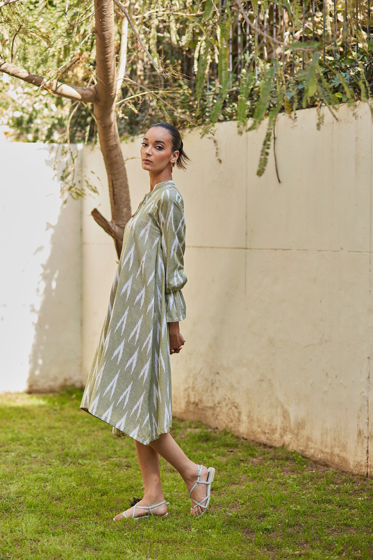 Flowy Green Ikat Cotton Dress