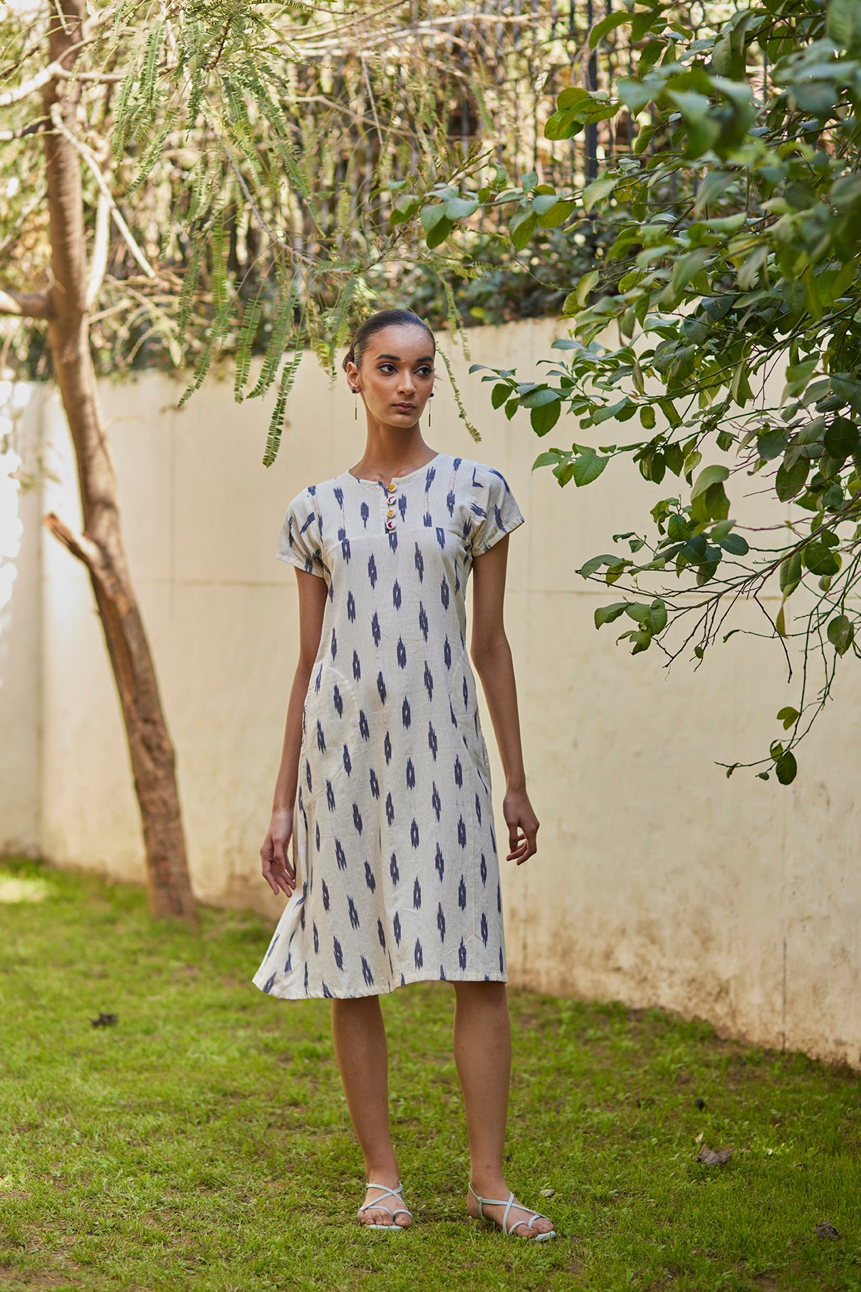 Short Sleeves White Ikat Dress