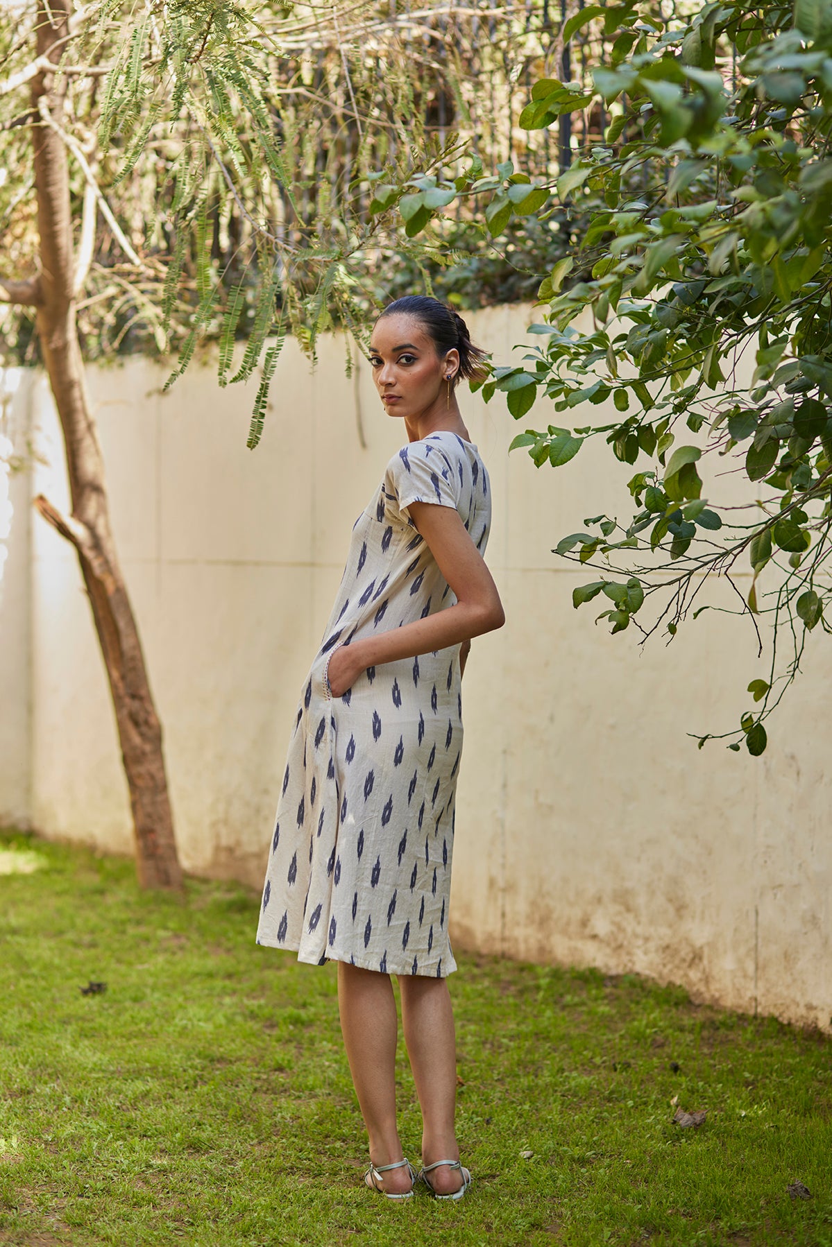 Short Sleeves White Ikat Dress