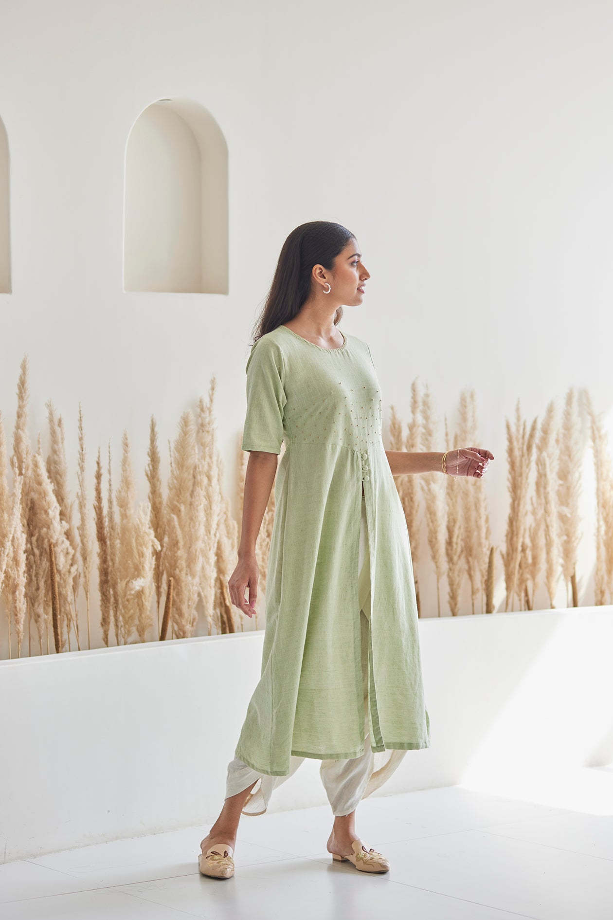 Cotton Embroidered Green Kurta
