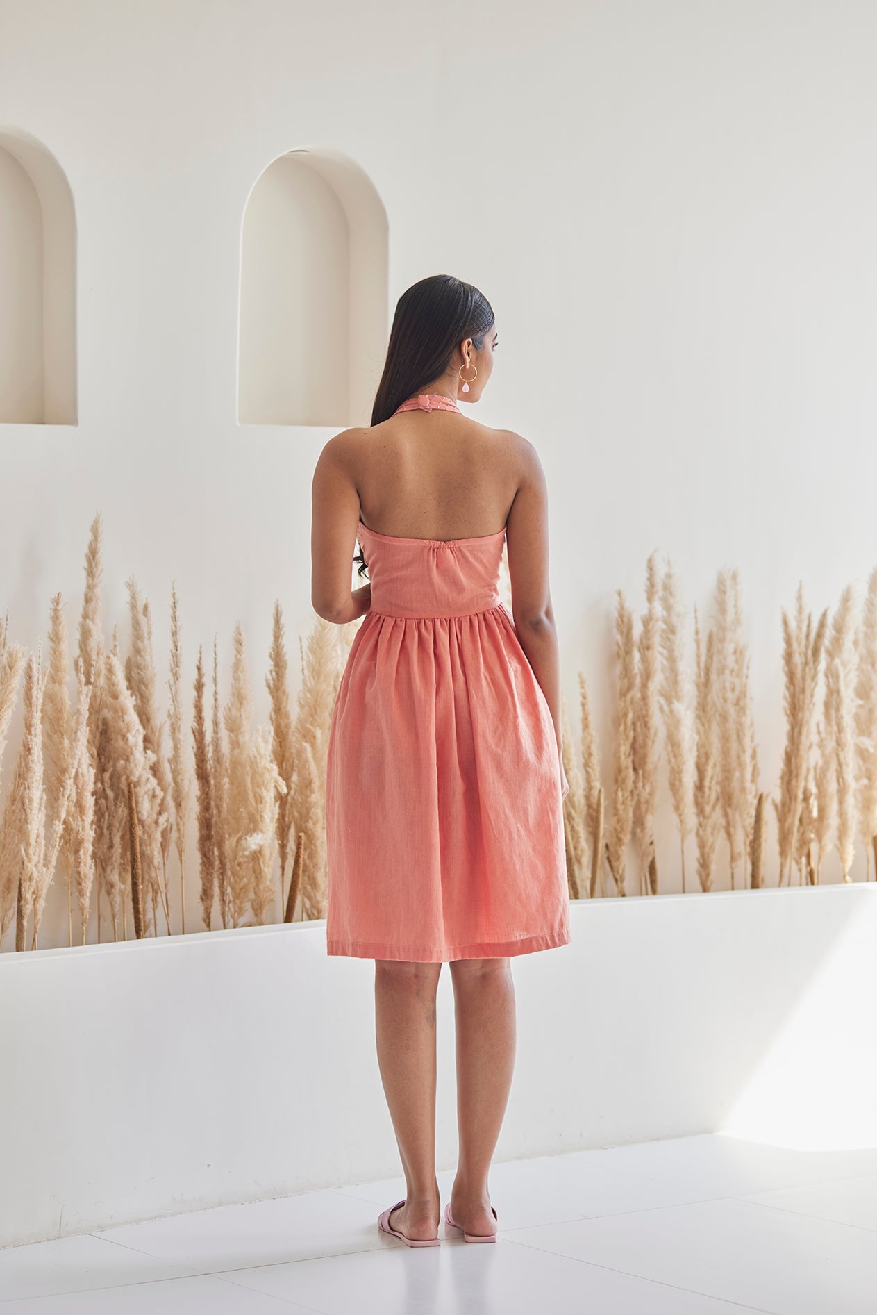 Halter Flared Peach Cotton Dress