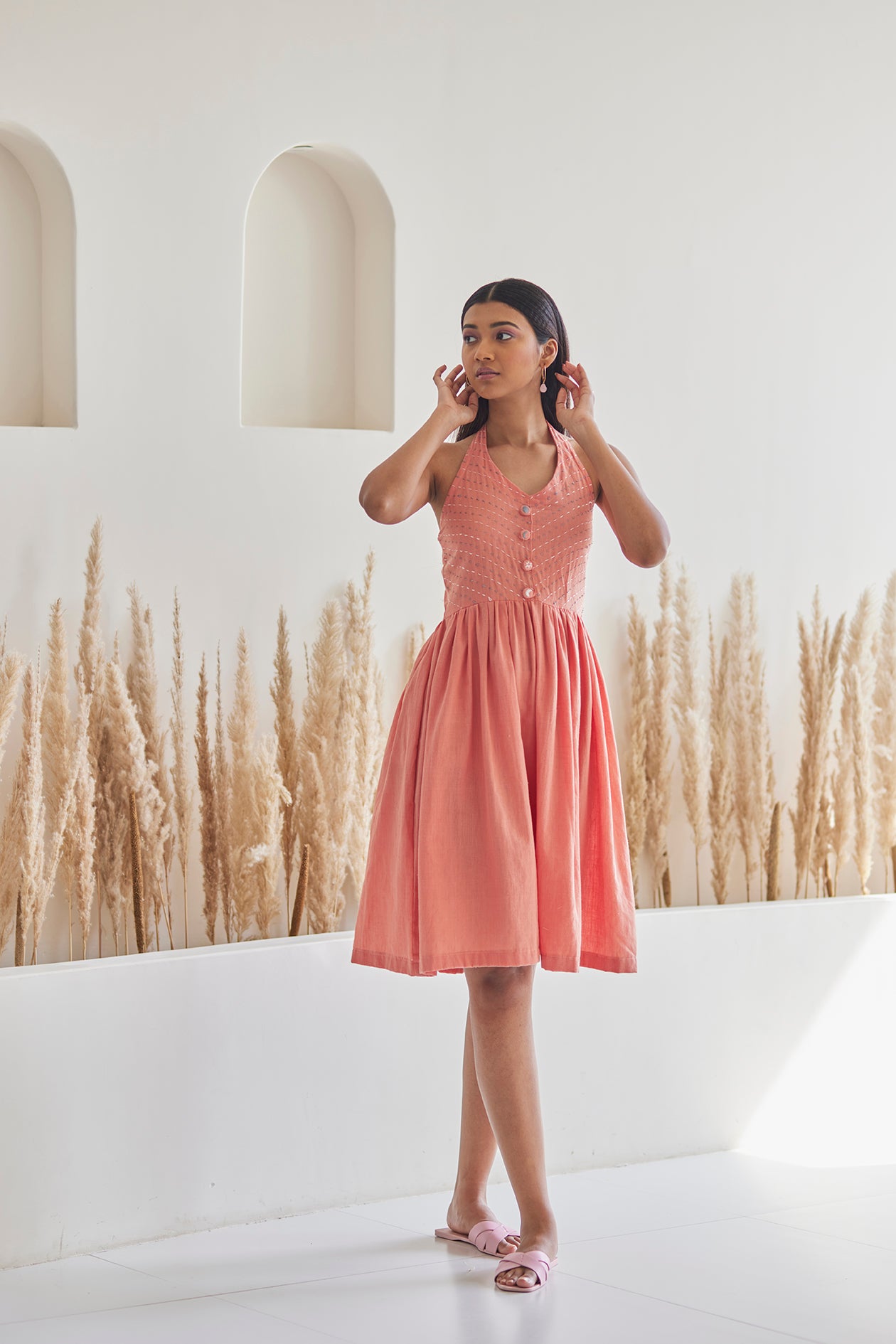 Halter Flared Peach Cotton Dress
