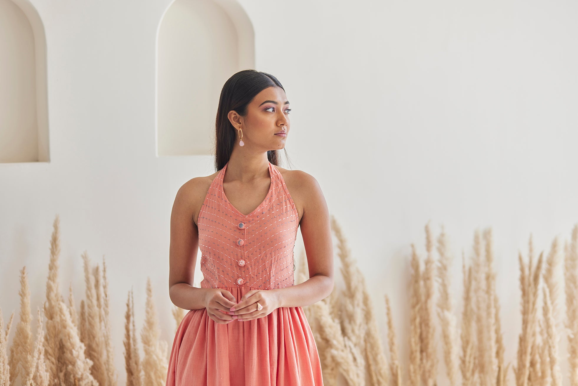 Halter Flared Peach Cotton Dress