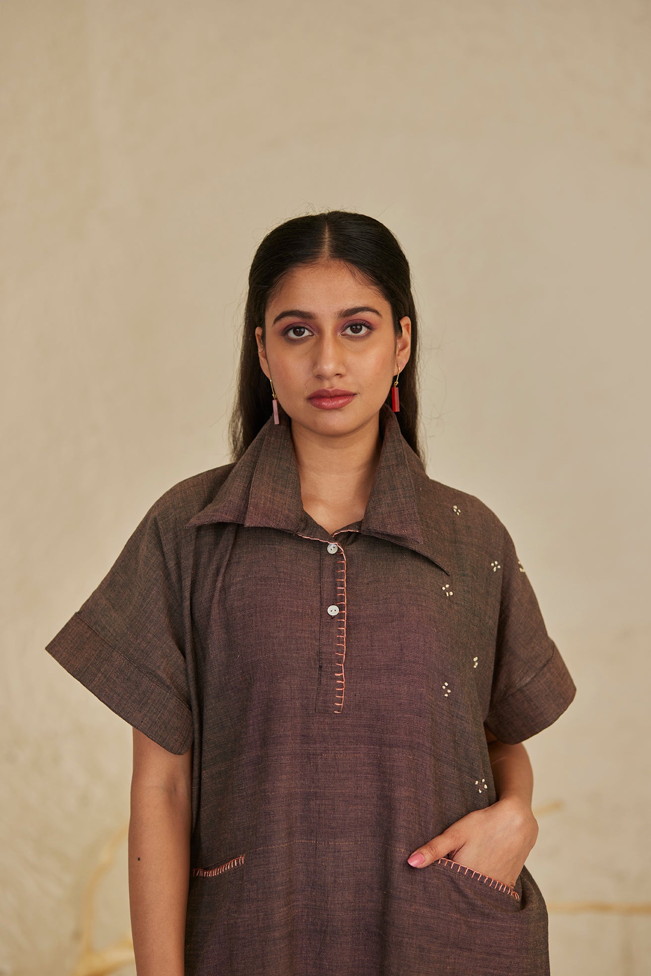 Collar Patterned Dark Brown Kaftan