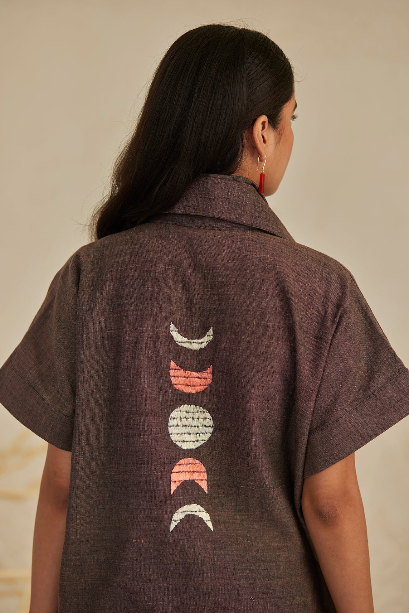 Collar Patterned Dark Brown Kaftan
