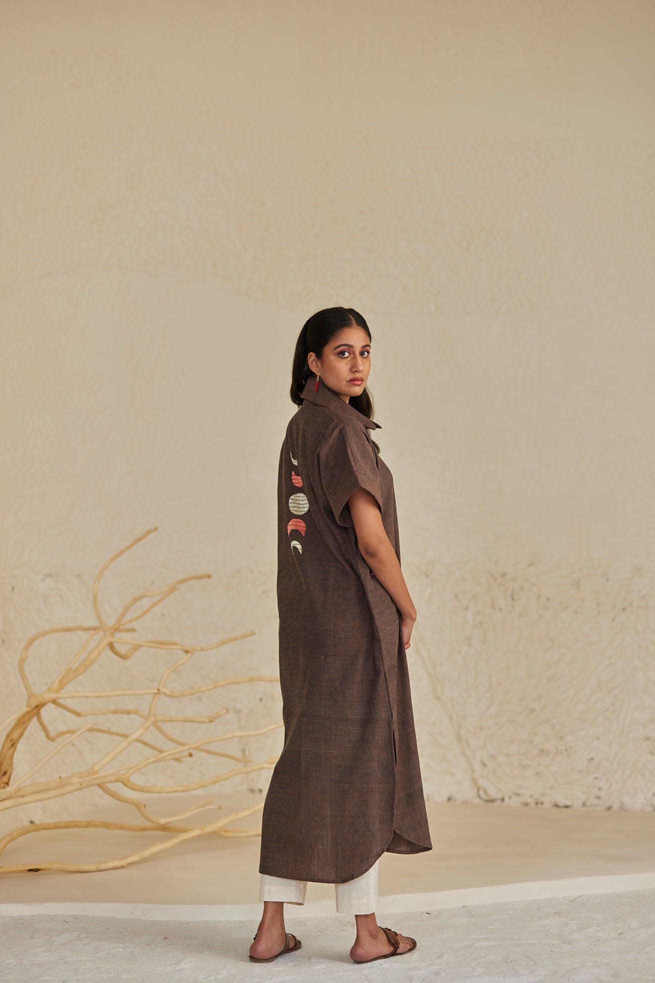 Collar Patterned Dark Brown Kaftan