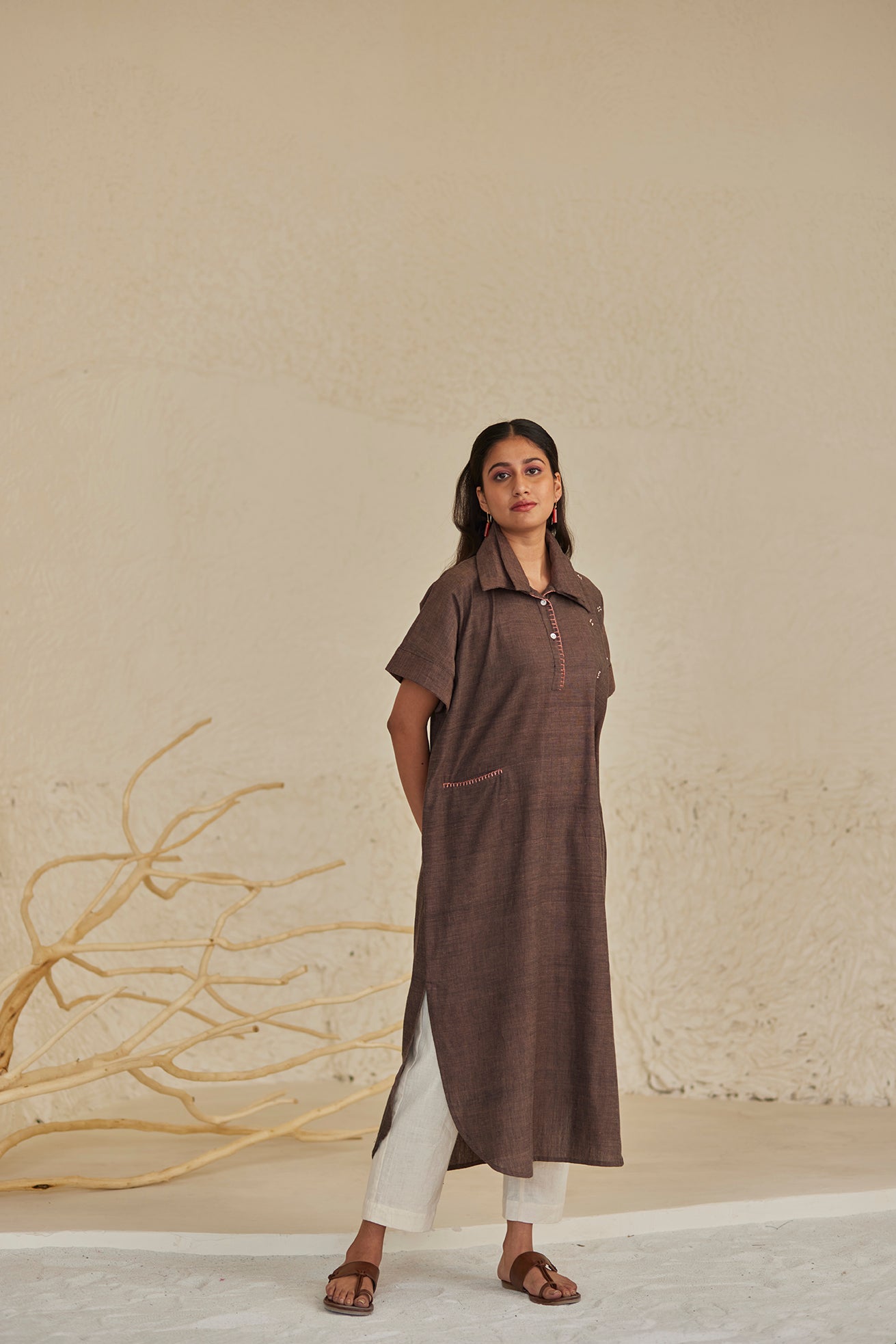 Collar Patterned Dark Brown Kaftan