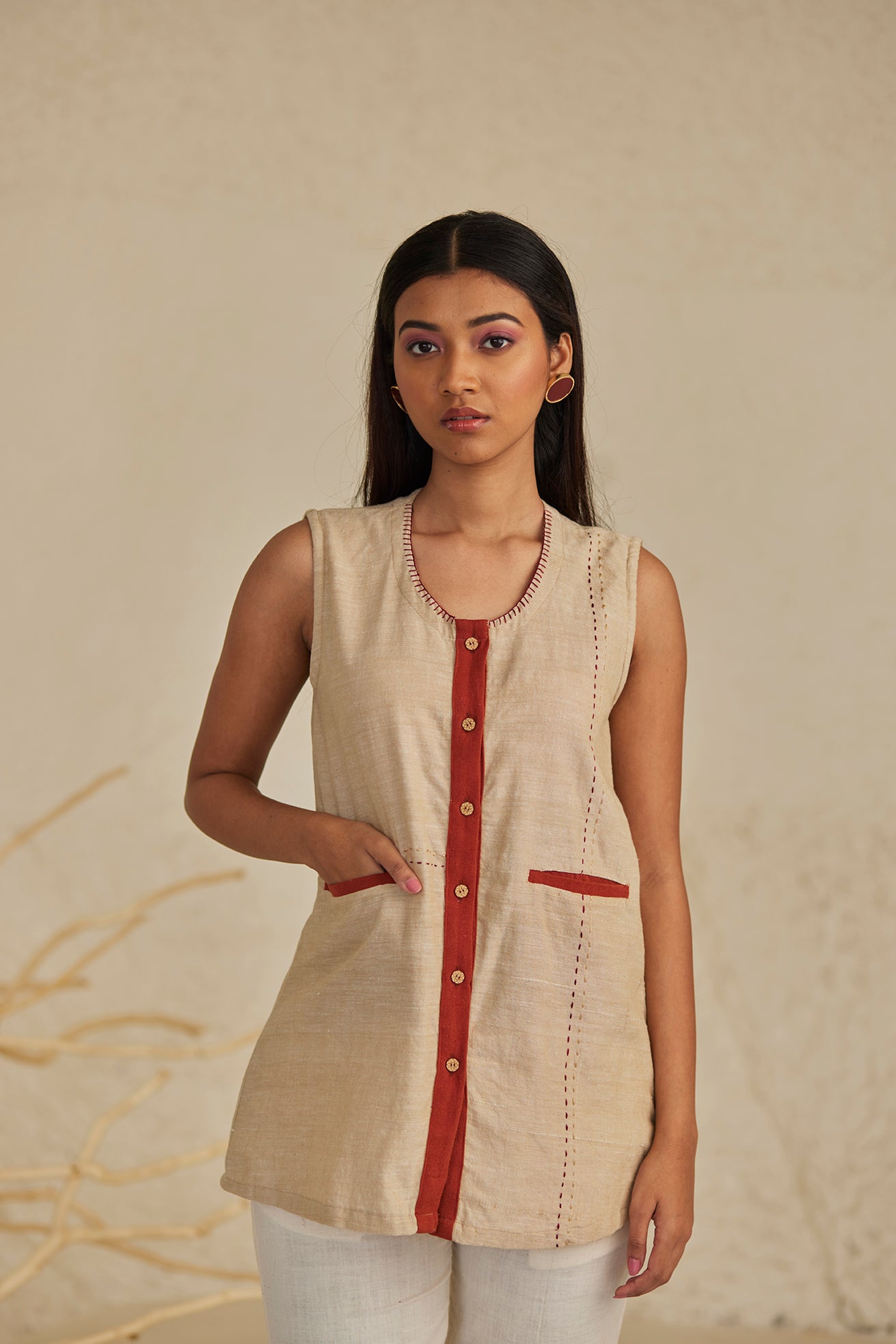 Cut Sleeves Beige Top