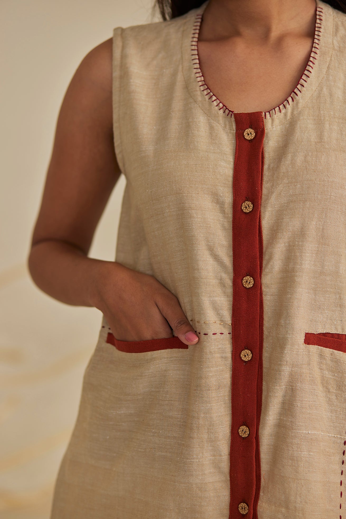 Cut Sleeves Beige Top
