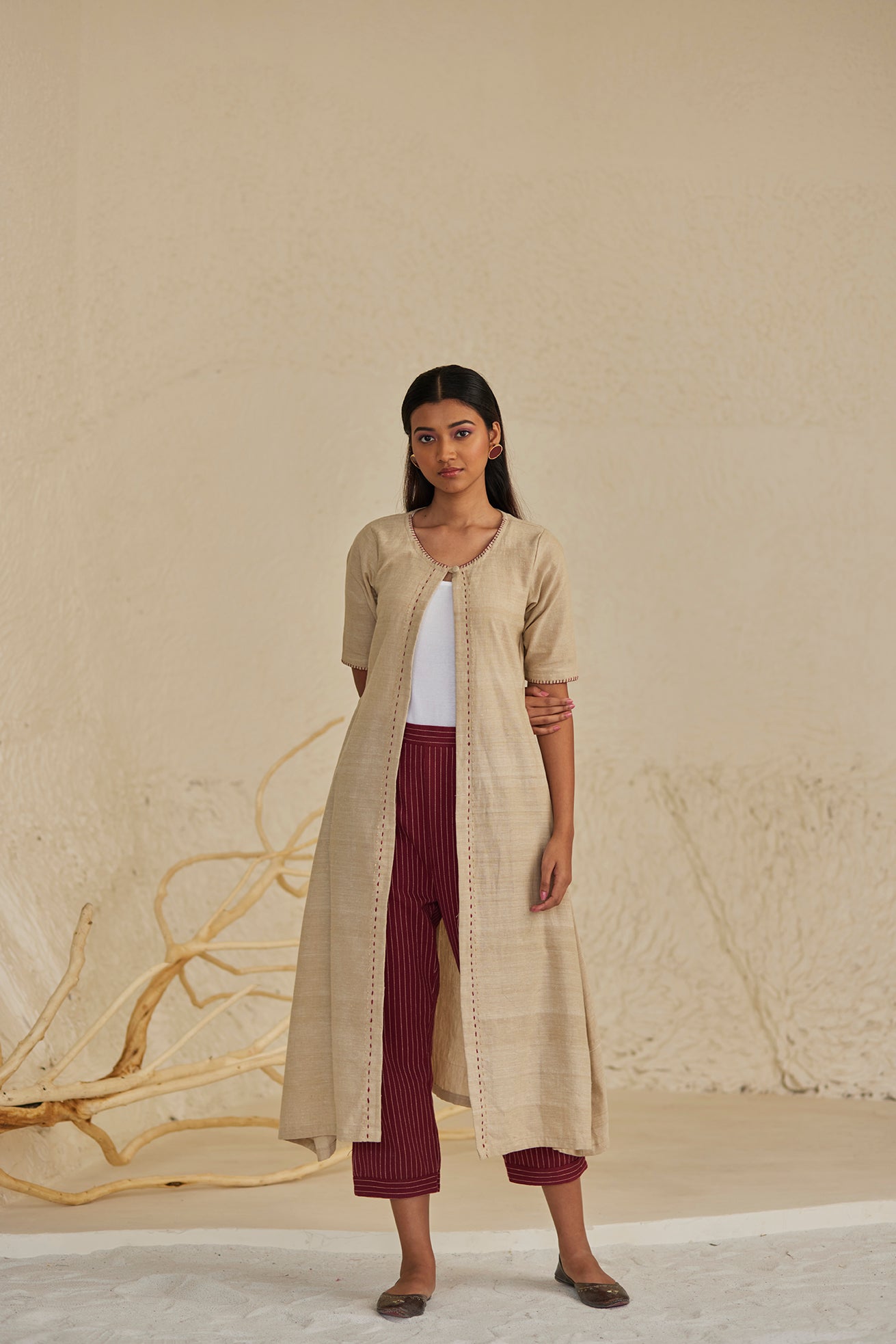 Overlay Beige Cotton Kurta