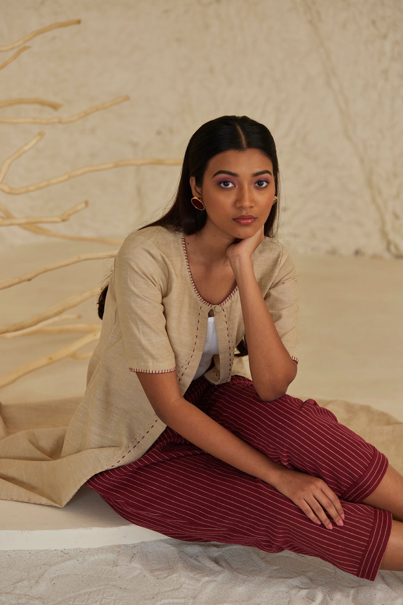 Overlay Beige Cotton Kurta