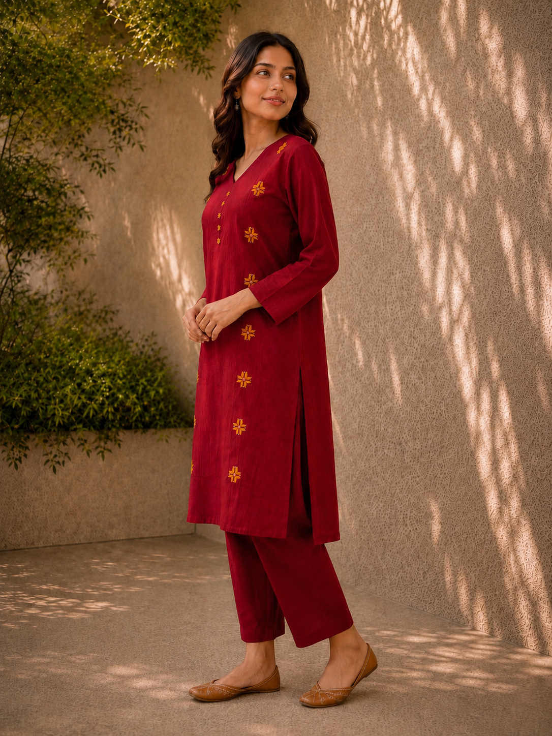 Classic Red Cotton Kurta with Hand-Embroidered Yellow Phulkari Motifs