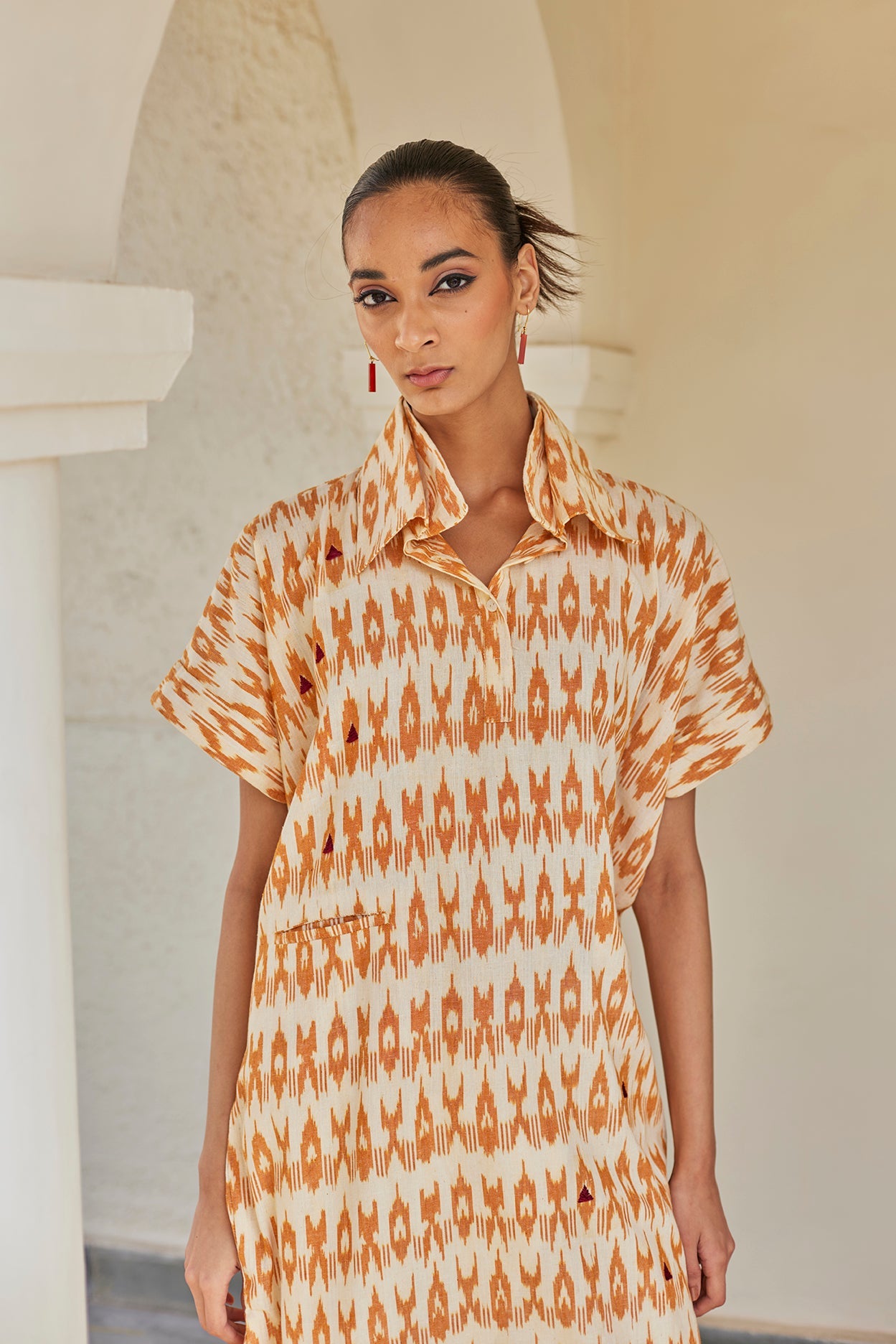 Phulkari hand-embroidered Mustard Ikat Kaftan dress with dhoti