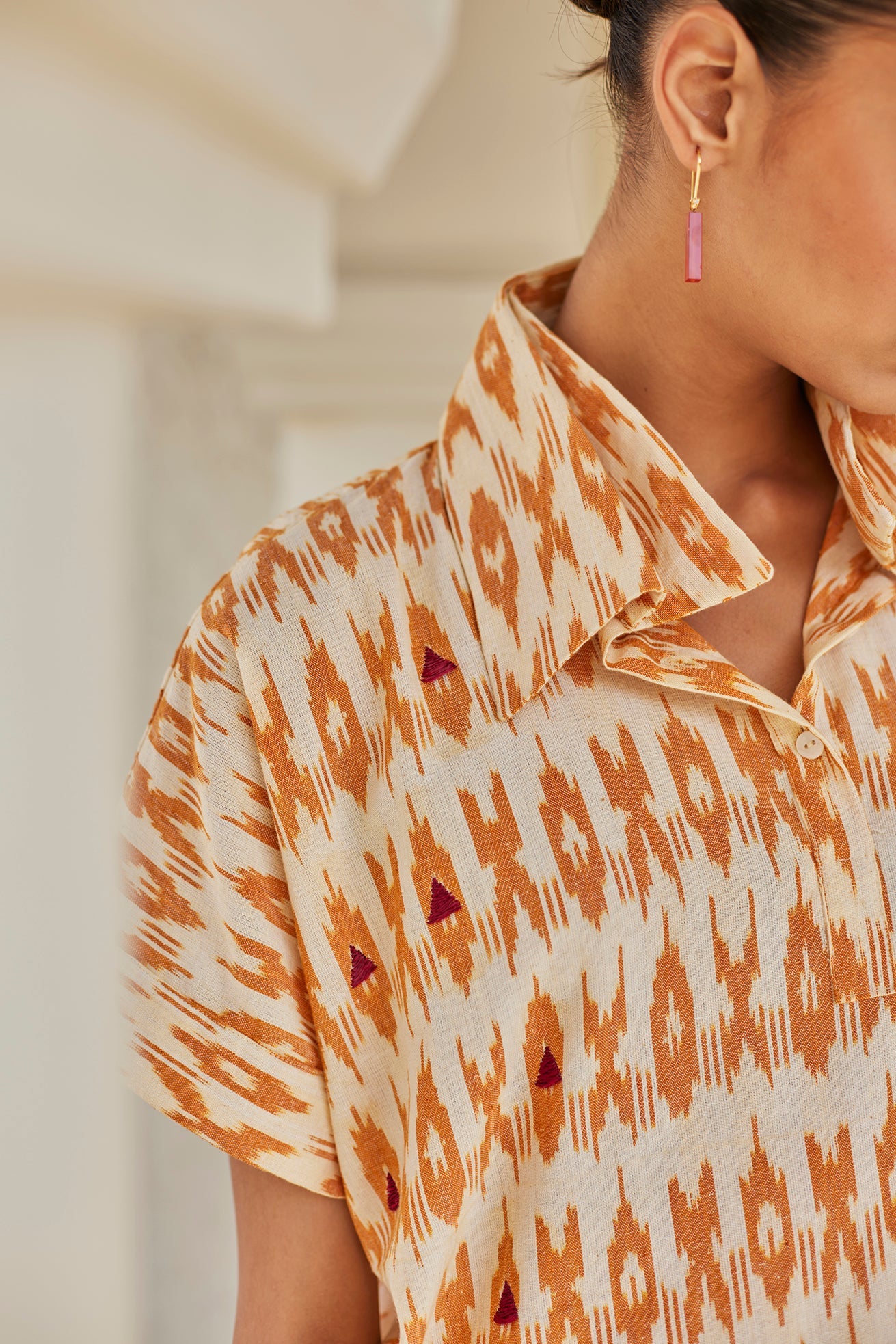 Phulkari hand-embroidered Mustard Ikat Kaftan dress with dhoti