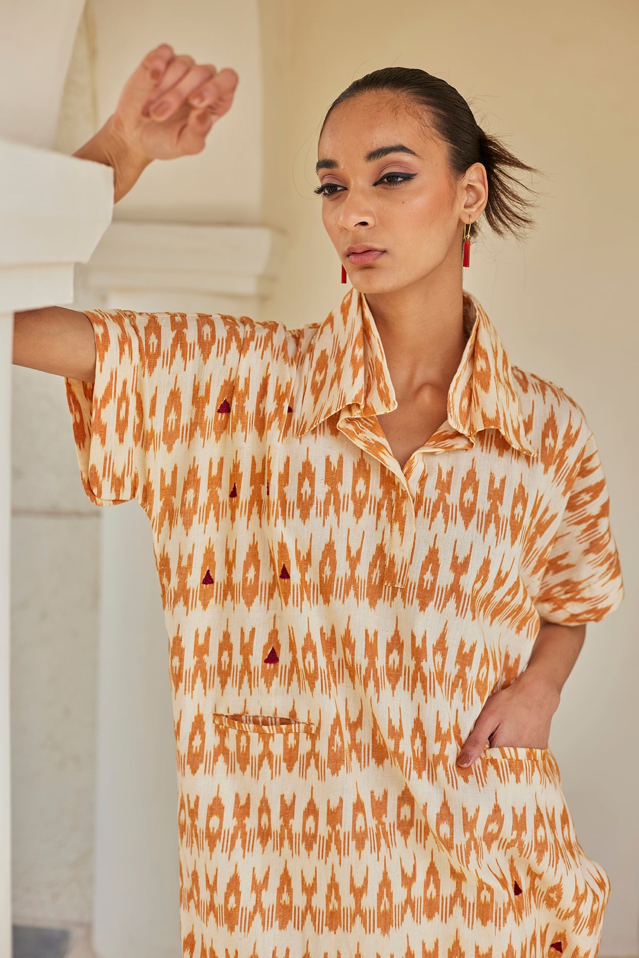 Phulkari hand-embroidered Mustard Ikat Kaftan dress with dhoti