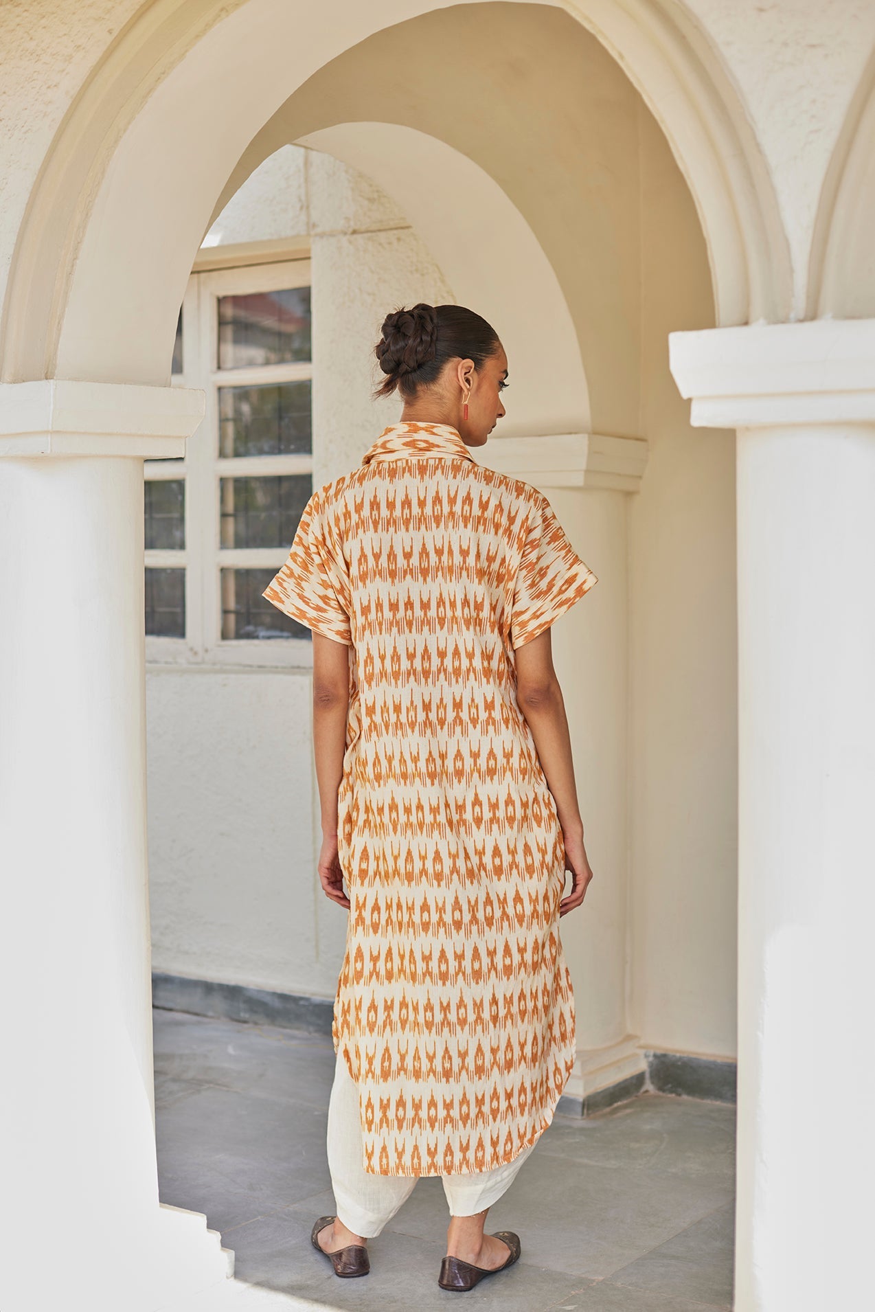 Phulkari hand-embroidered Mustard Ikat Kaftan dress with dhoti
