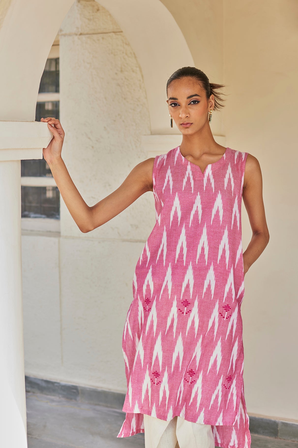 Pink Ikat Cotton Kurta & Dhoti Set