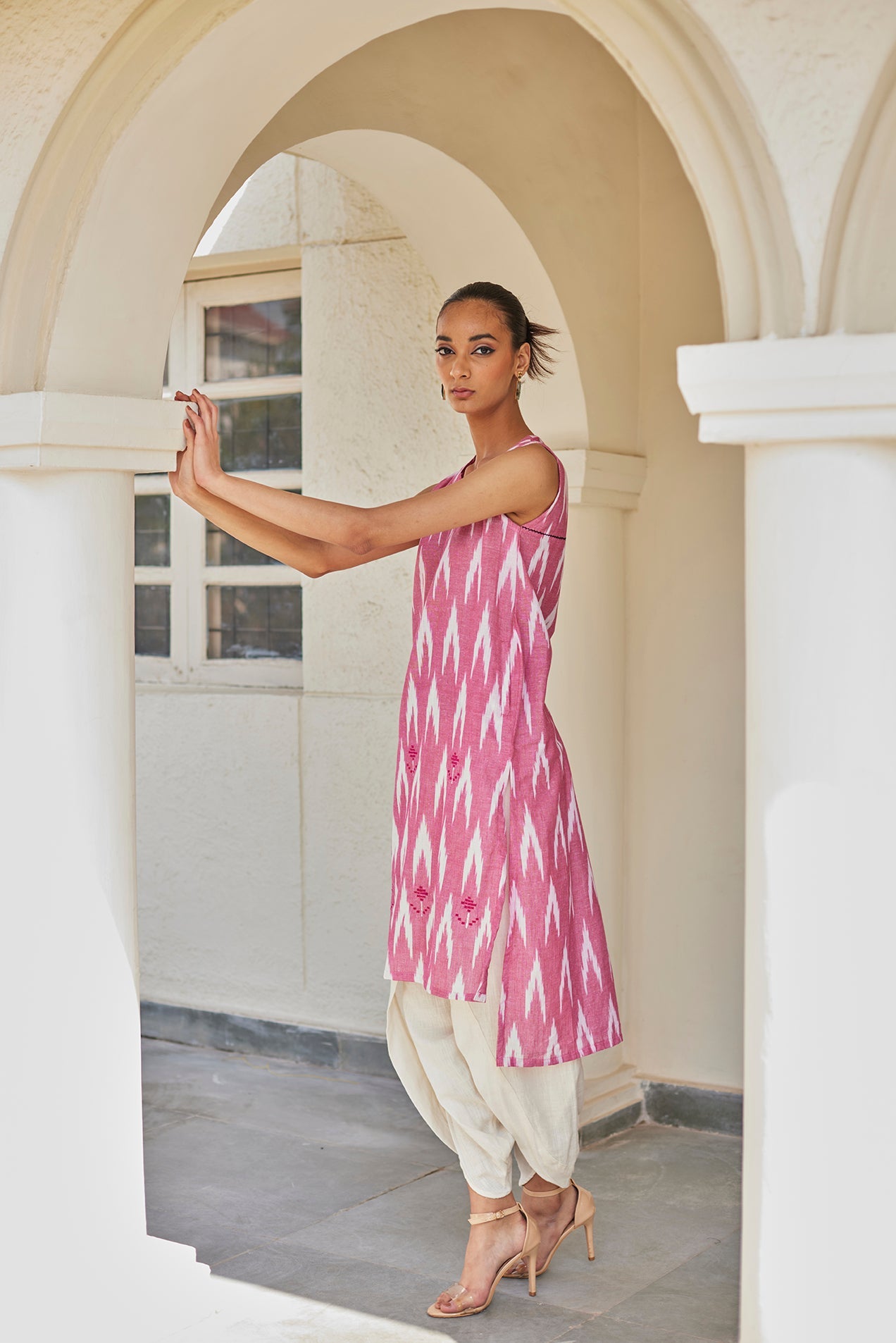 Pink Ikat Cotton Kurta & Dhoti Set