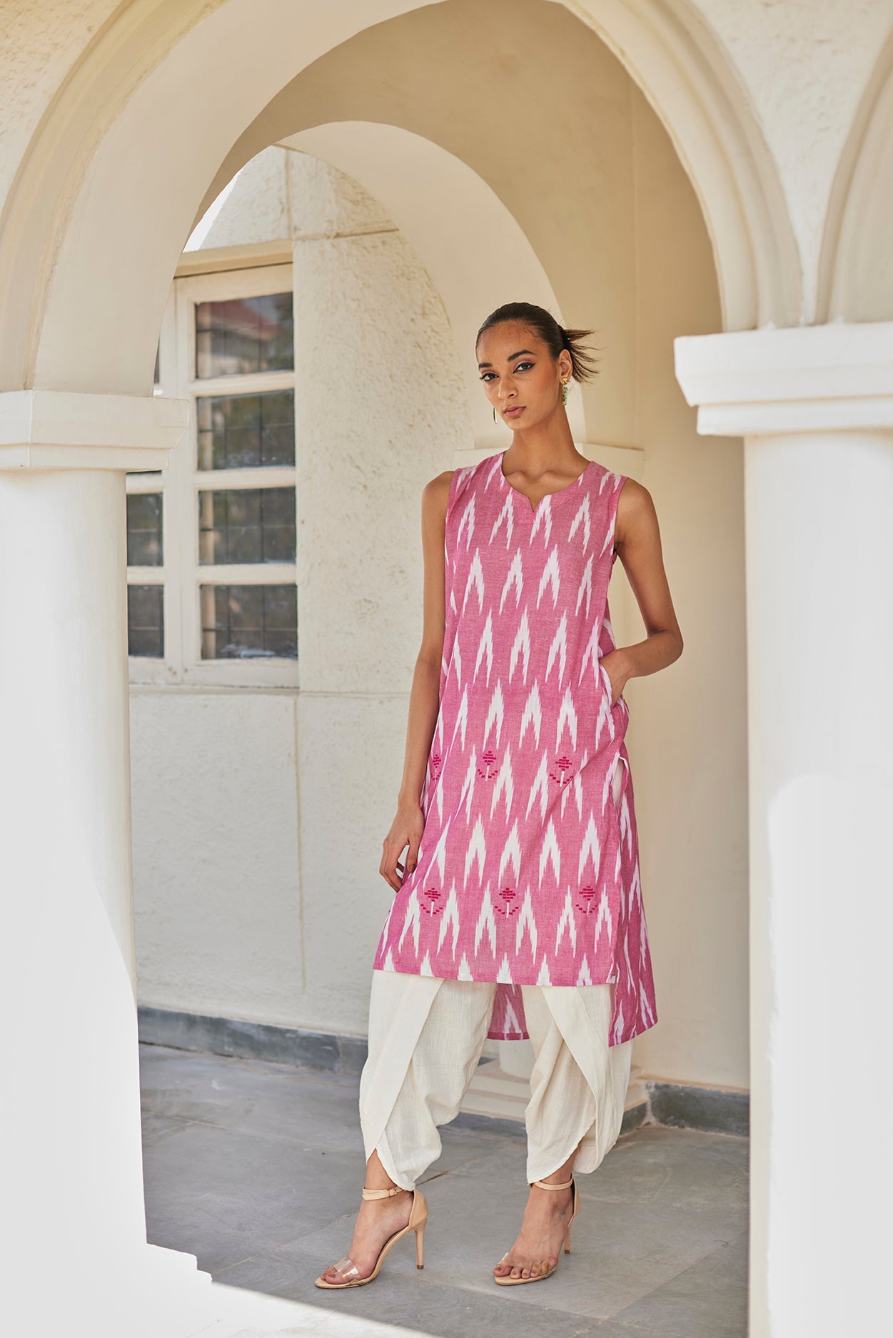 Pink Ikat Cotton Kurta & Dhoti Set