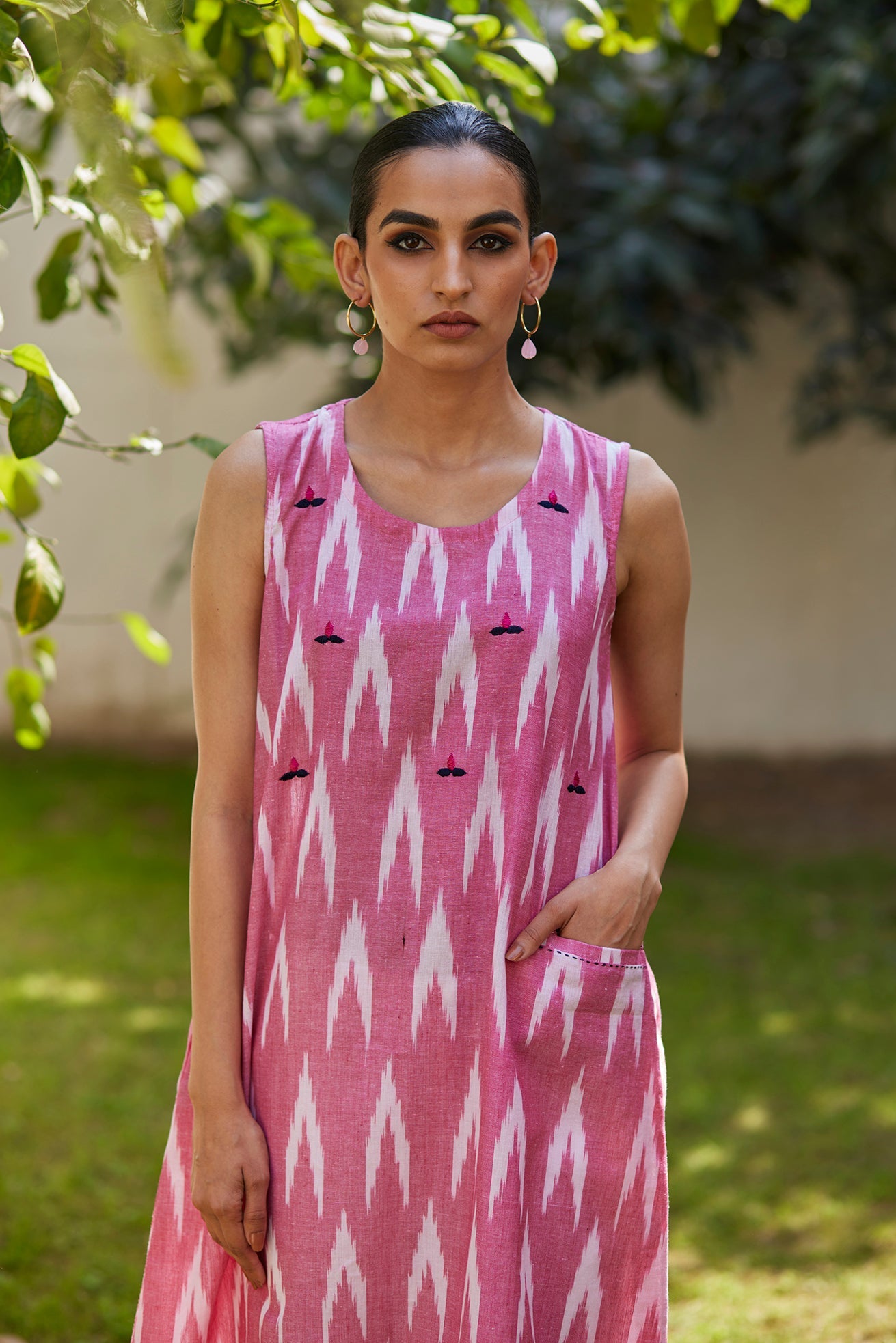 Handwoven Ikat Pink Kurta with Straight white pants
