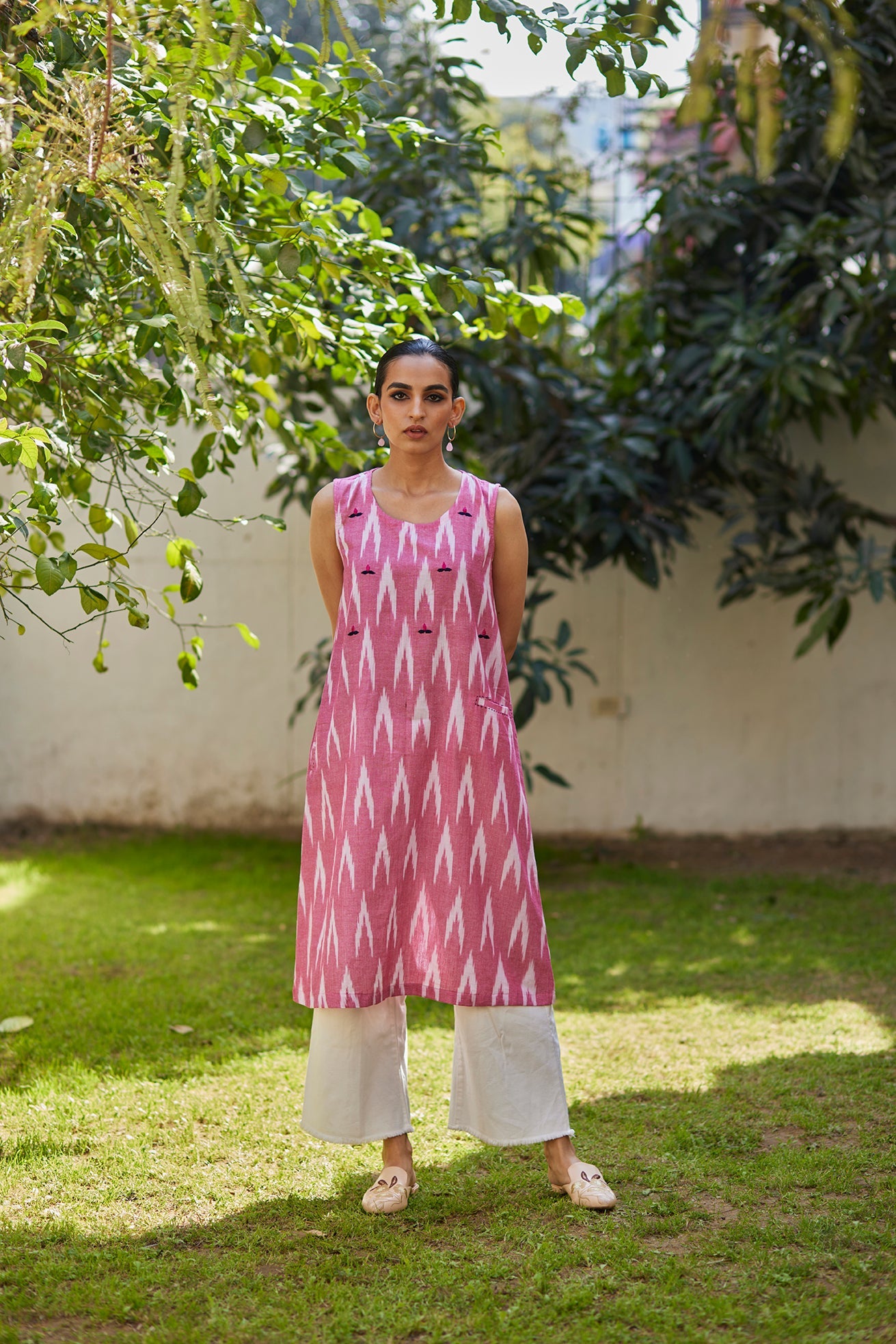 Handwoven Ikat Pink Kurta with Straight white pants