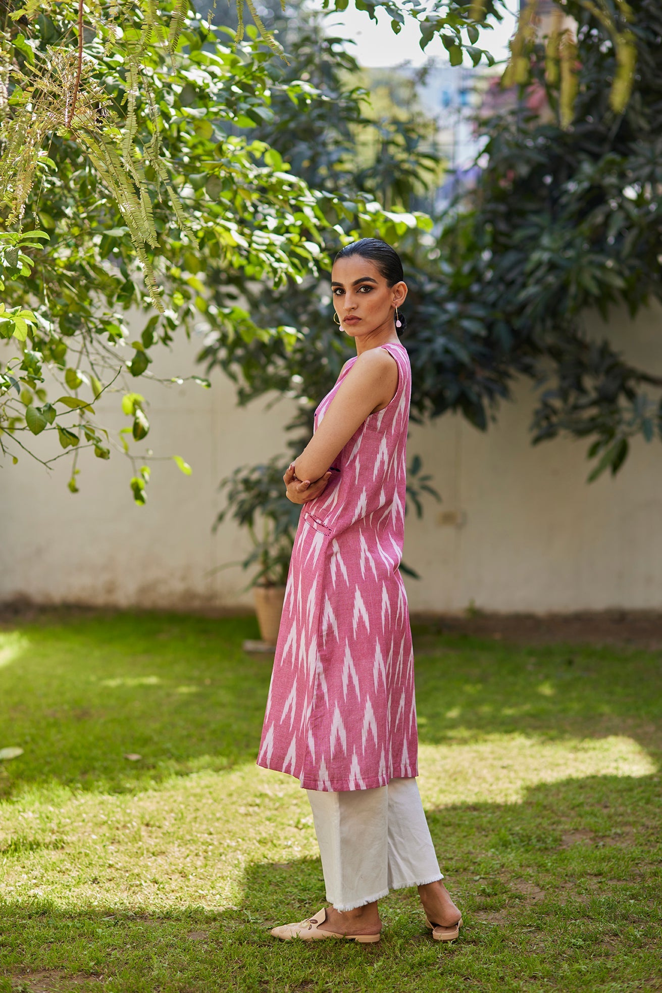 Handwoven Ikat Pink Kurta with Straight white pants
