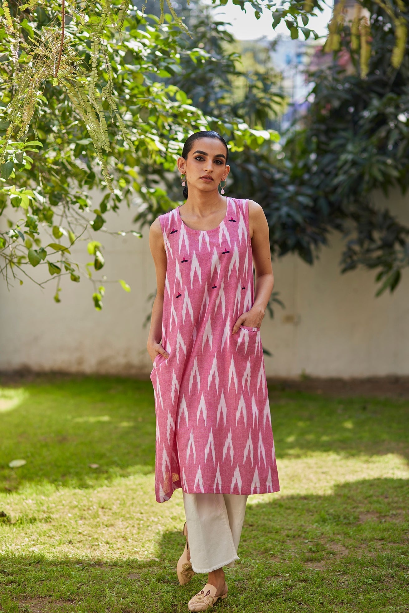 Handwoven Ikat Pink Kurta with Straight white pants