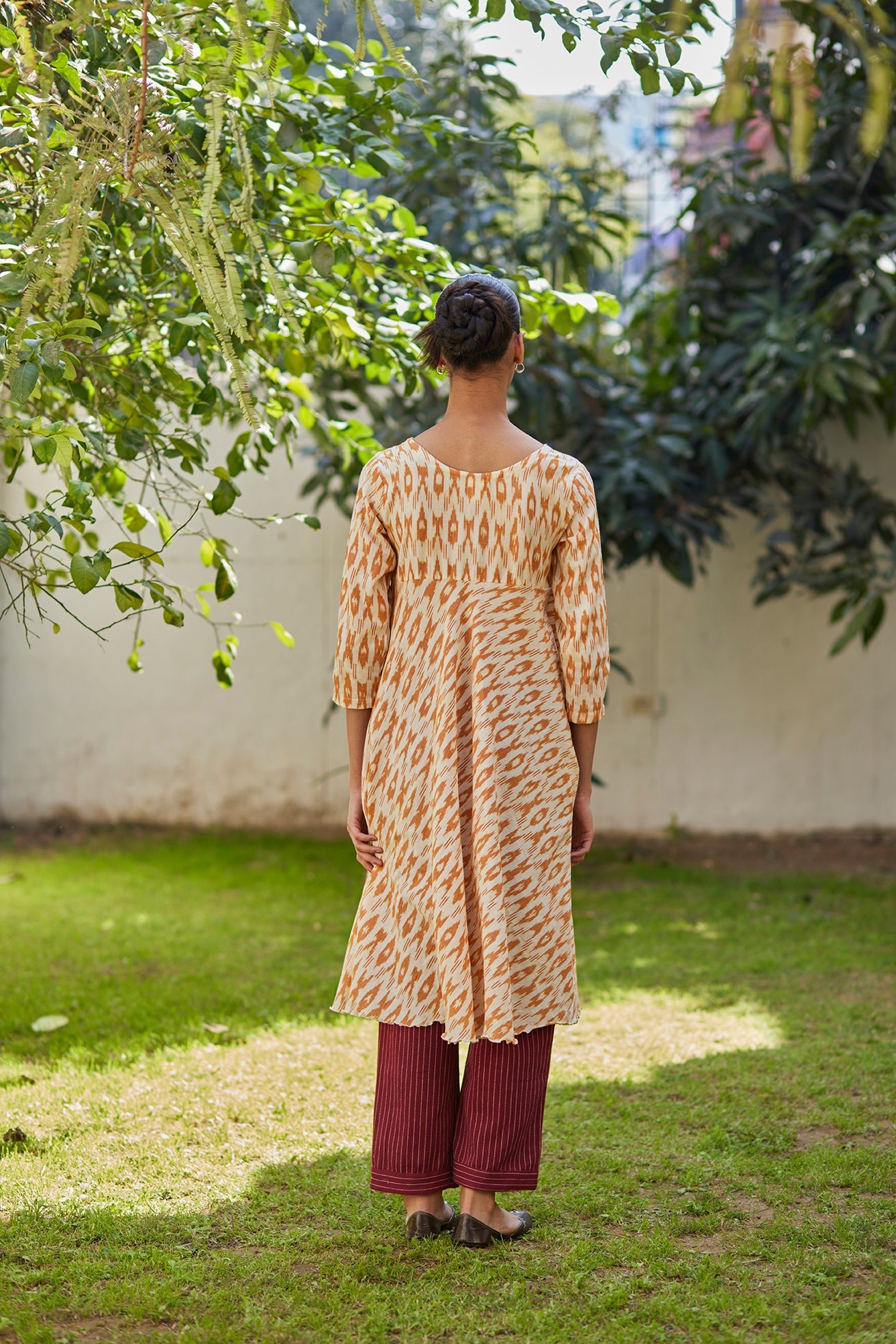 Mustard Ikat Kurta with Recycled handloom Red Stripe Pants