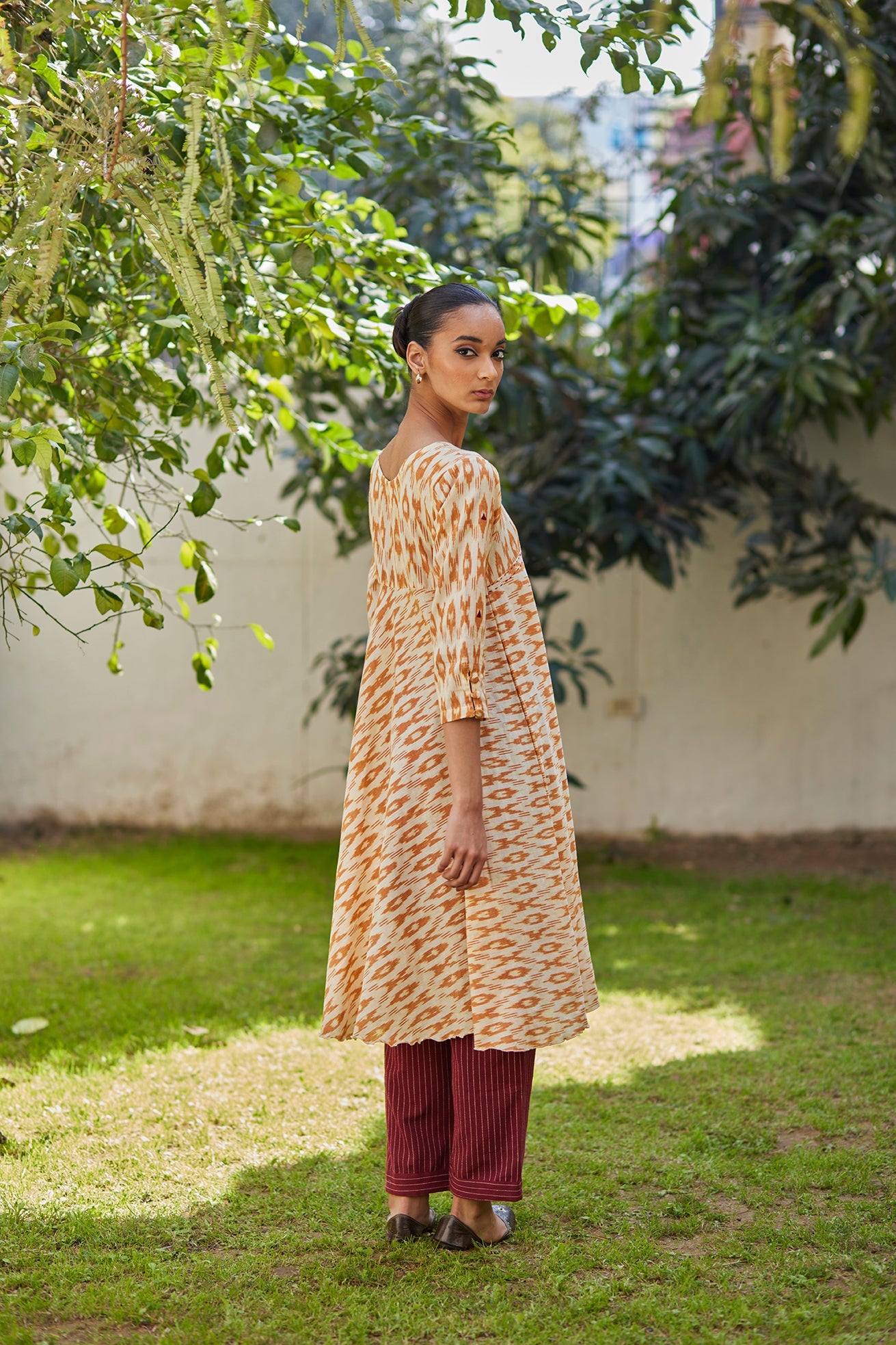 Mustard Ikat Kurta with Recycled handloom Red Stripe Pants