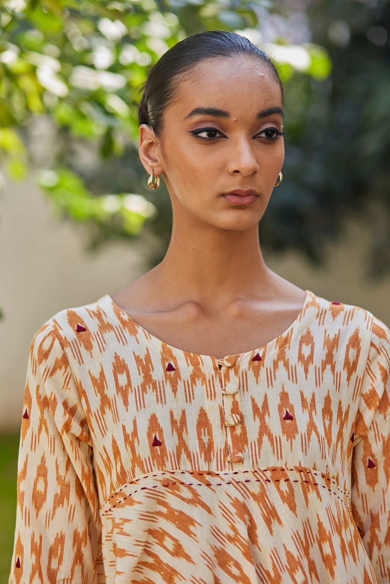 Mustard Ikat Kurta with Recycled handloom Red Stripe Pants