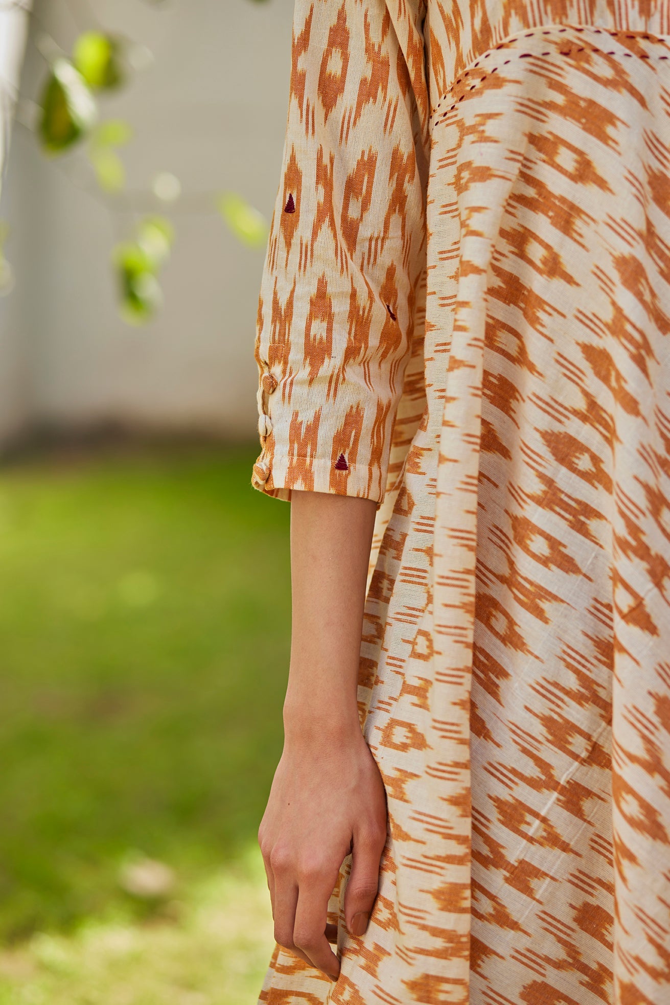 Mustard Ikat Kurta with Recycled handloom Red Stripe Pants