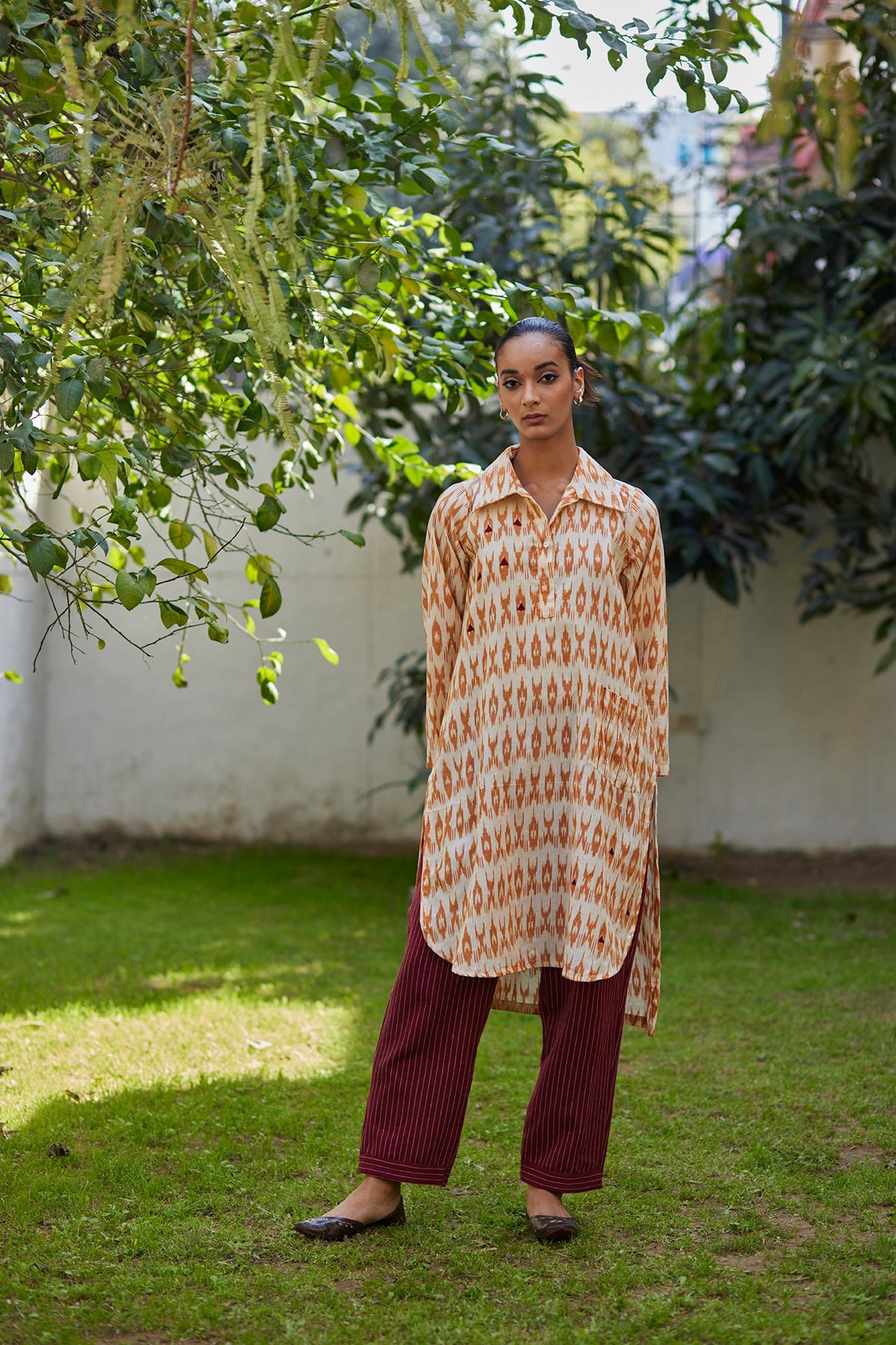 Ikat handwoven mustard kurta with red recycled pants