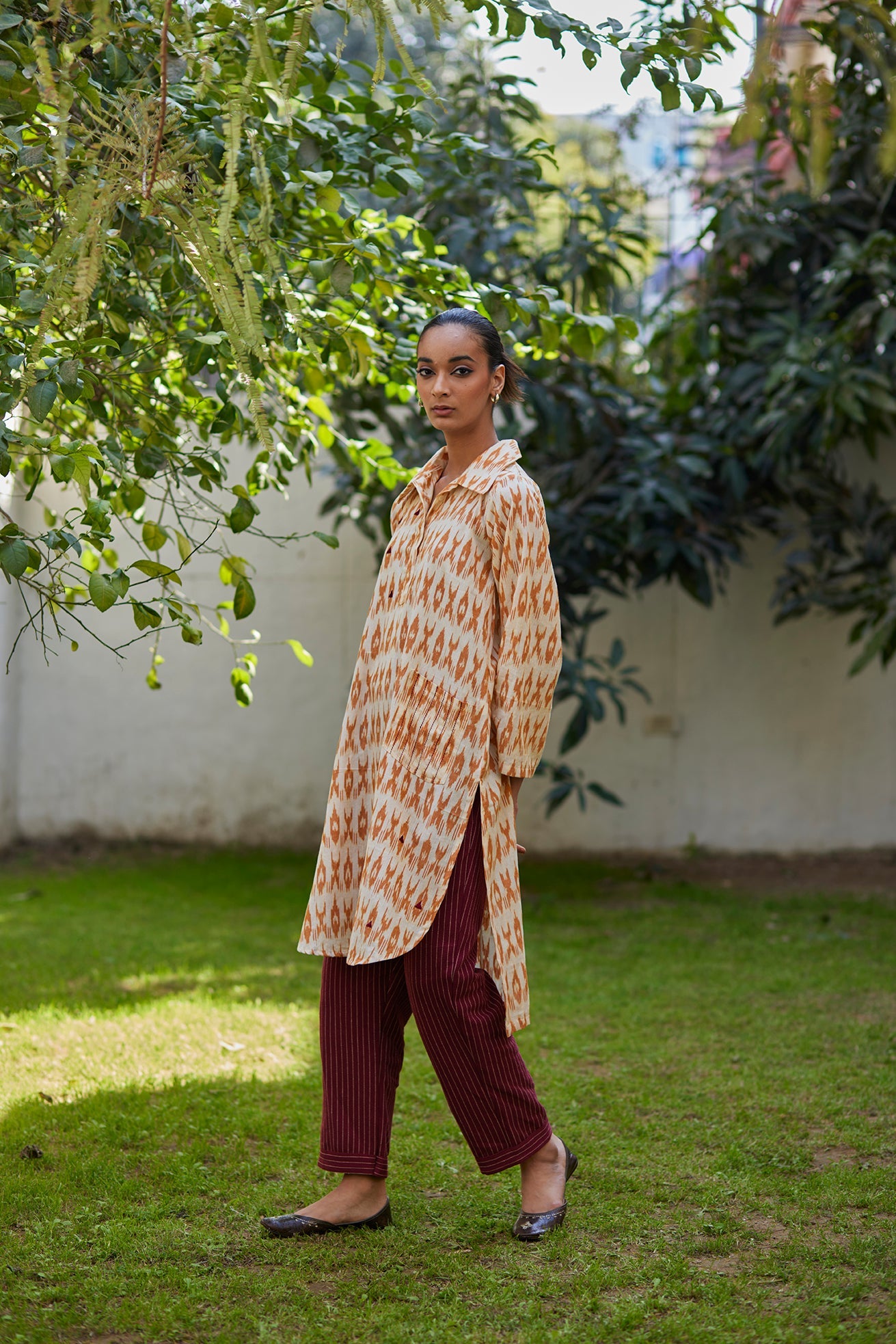 Ikat handwoven mustard kurta with red recycled pants