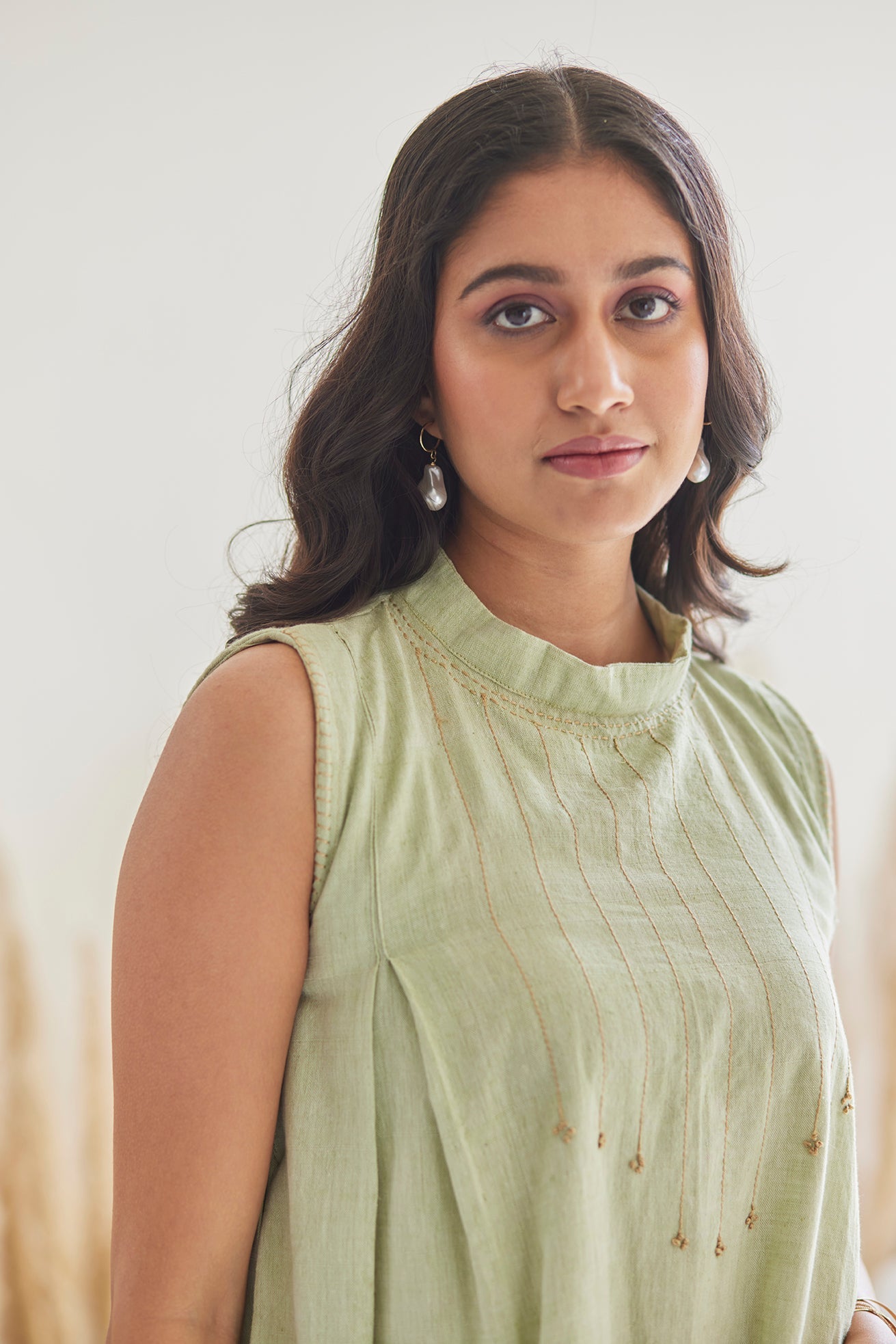 Green Cut Sleeves Top with Pants
