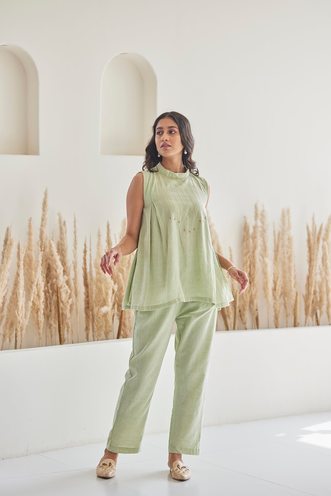 Green Cut Sleeves Top with Pants