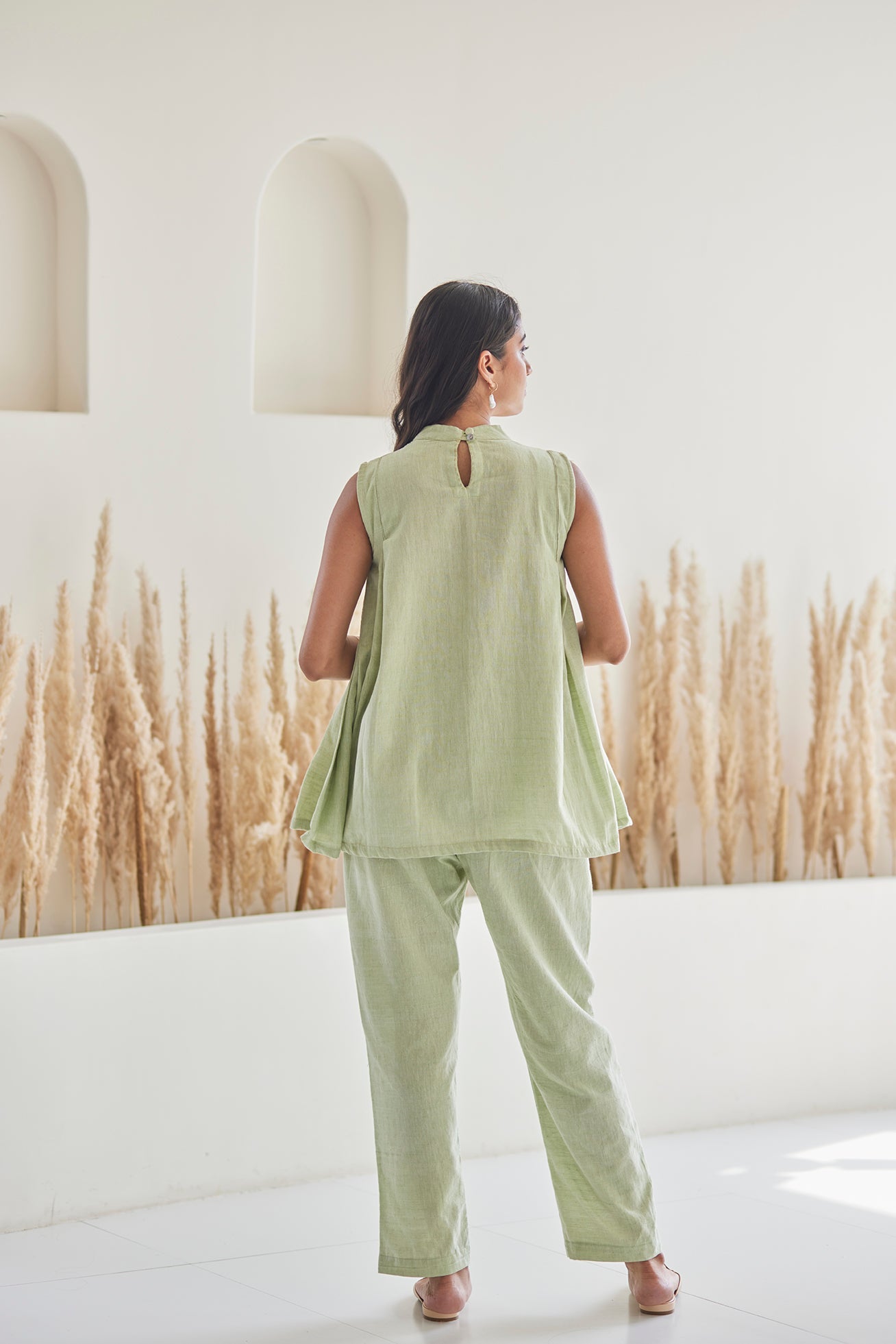 Green Cut Sleeves Top with Pants