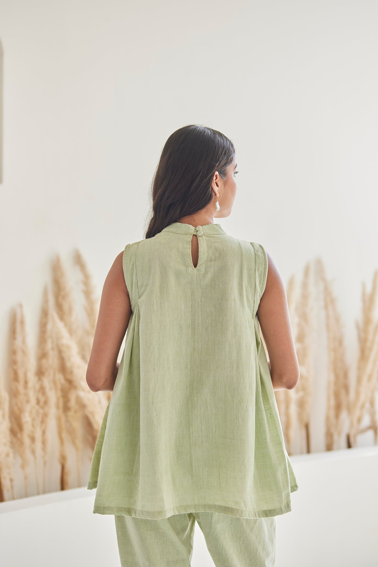 Green Cut Sleeves Top with Pants