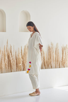 Embroidered white cotton Kaftan with white khaddar pants