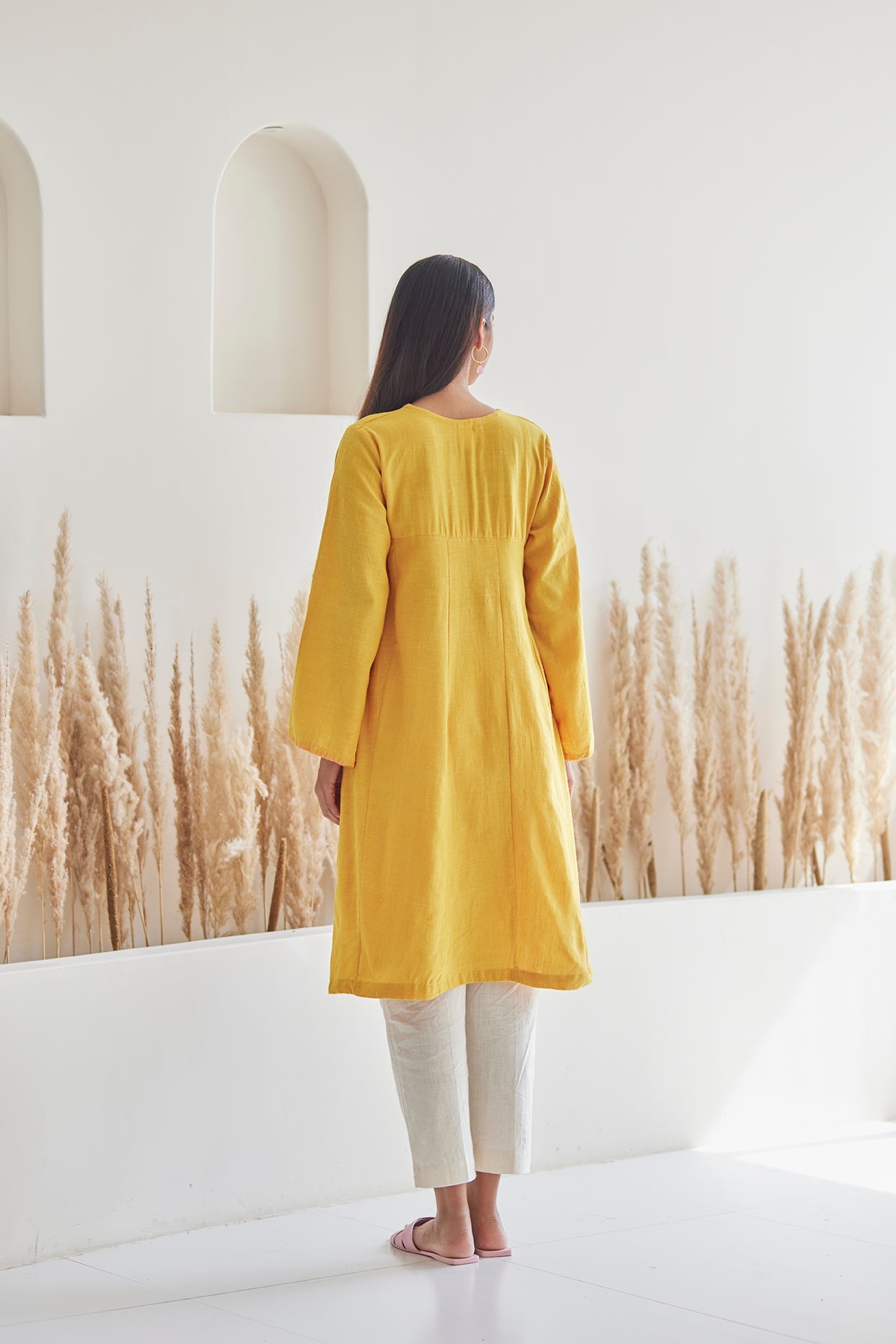 Flowy V-Neck Mustard Kurta with White khaddar Pants