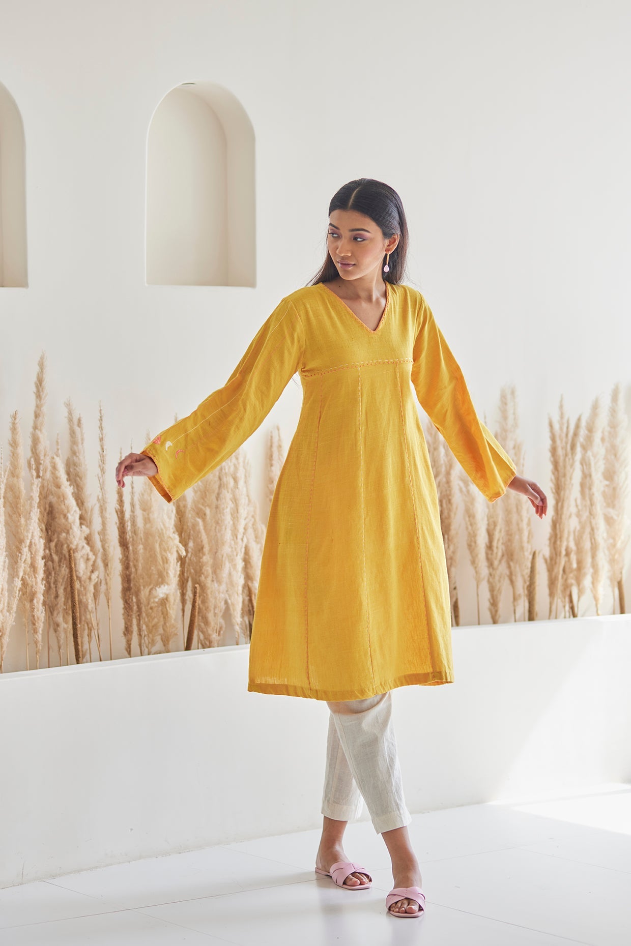Flowy V-Neck Mustard Kurta with White khaddar Pants