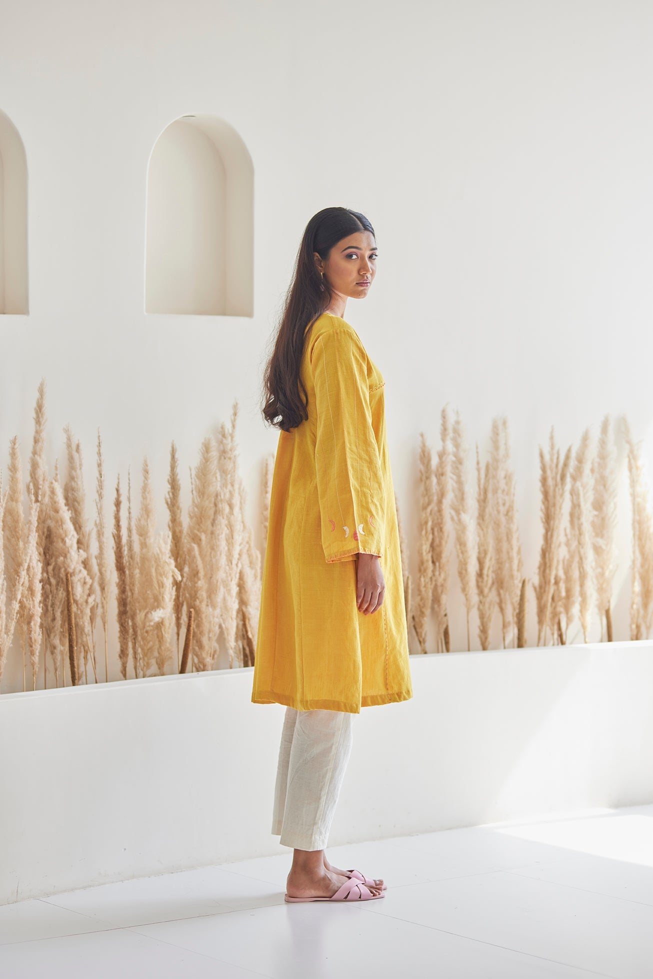 Flowy V-Neck Mustard Kurta with White khaddar Pants