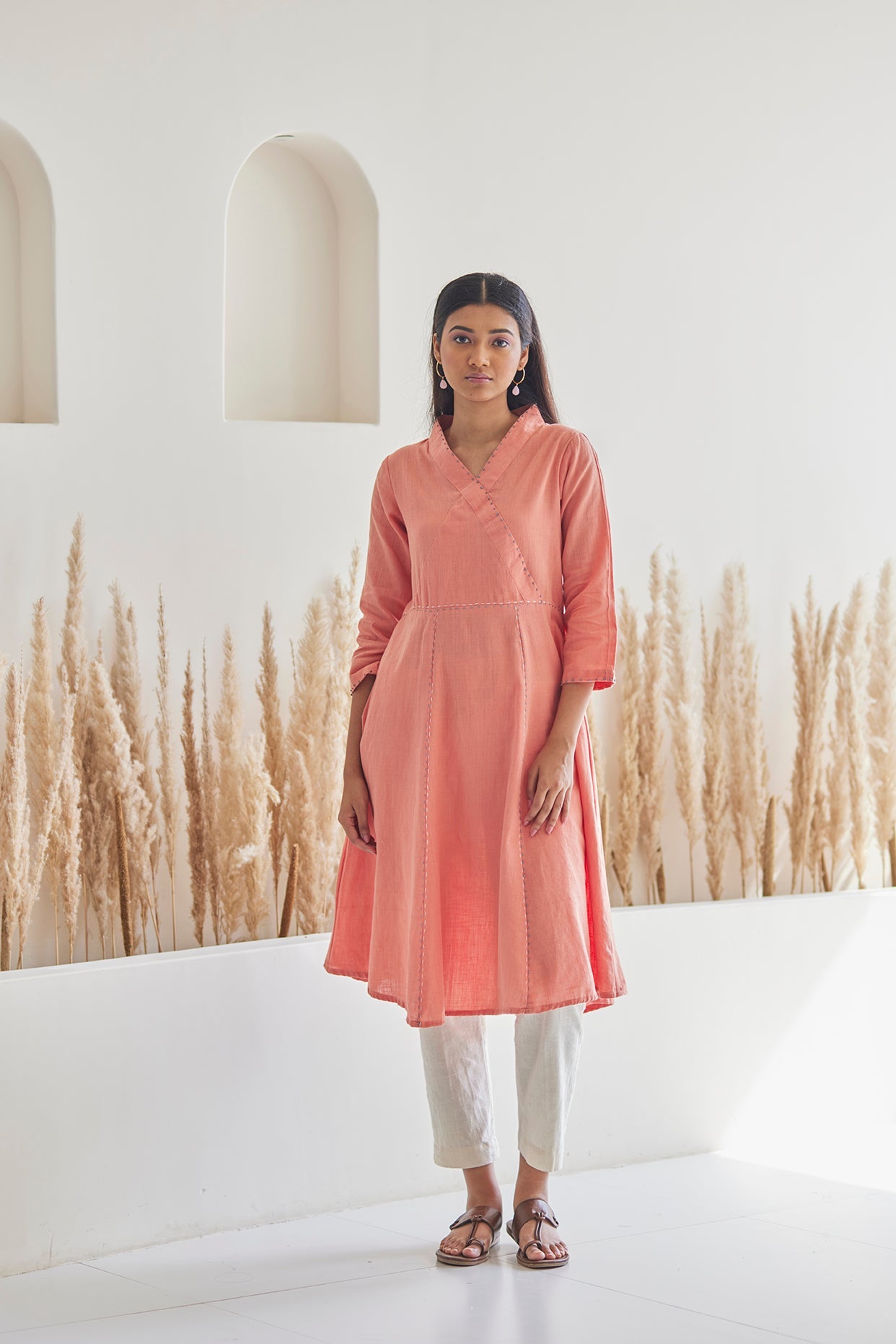 Flared Peach Kurta with White khaddar Pants
