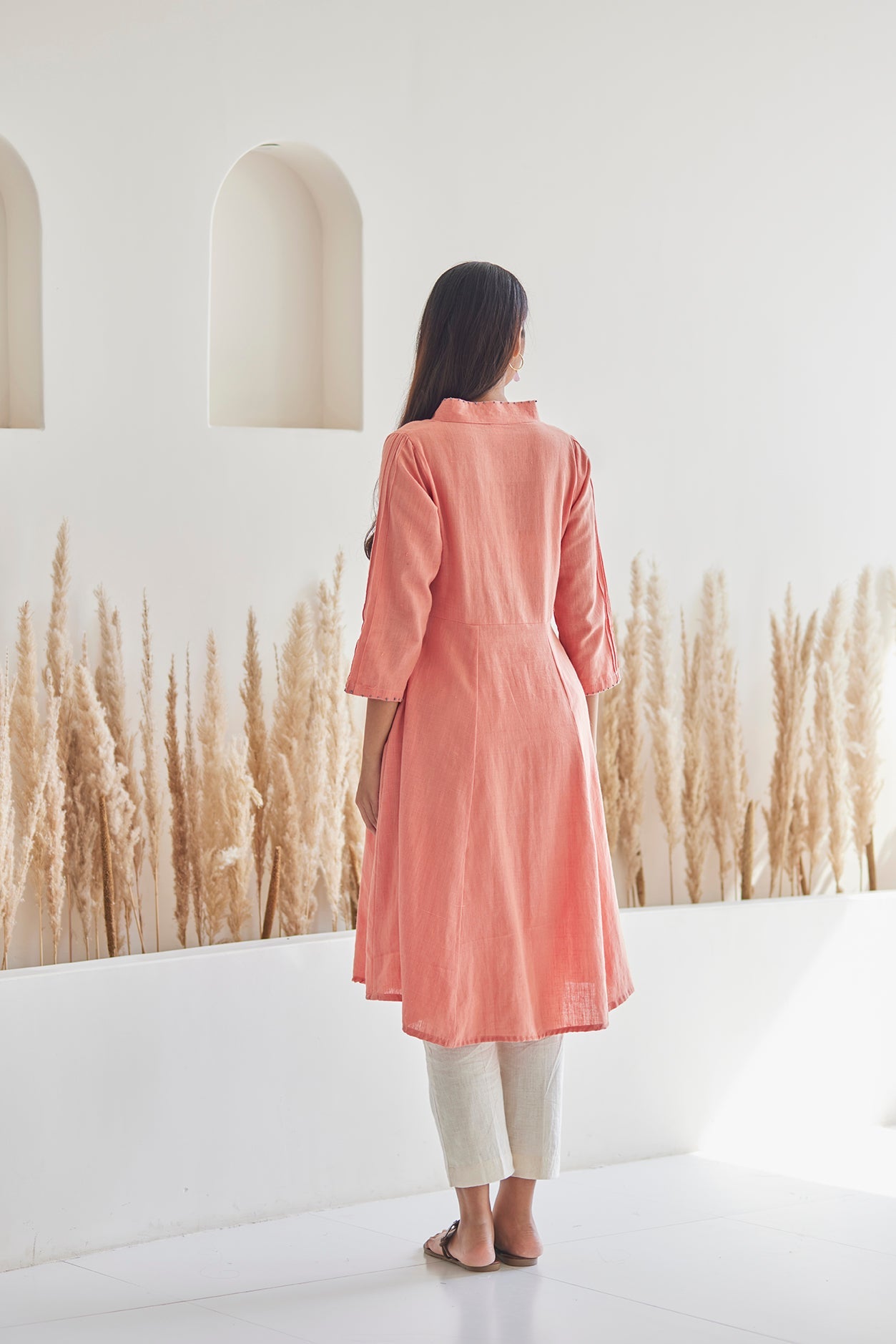 Flared Peach Kurta with White khaddar Pants