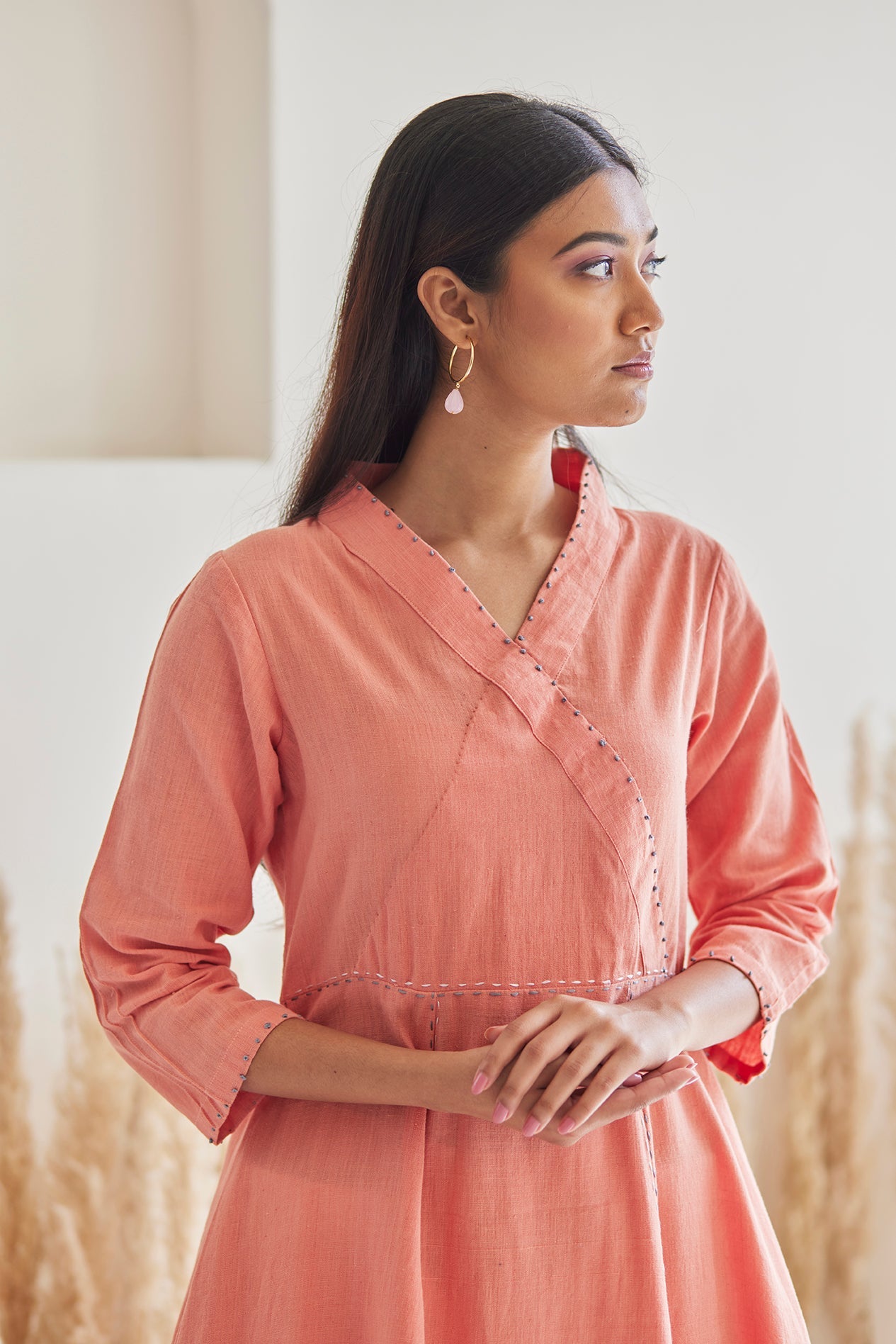 Flared Peach Kurta with White khaddar Pants
