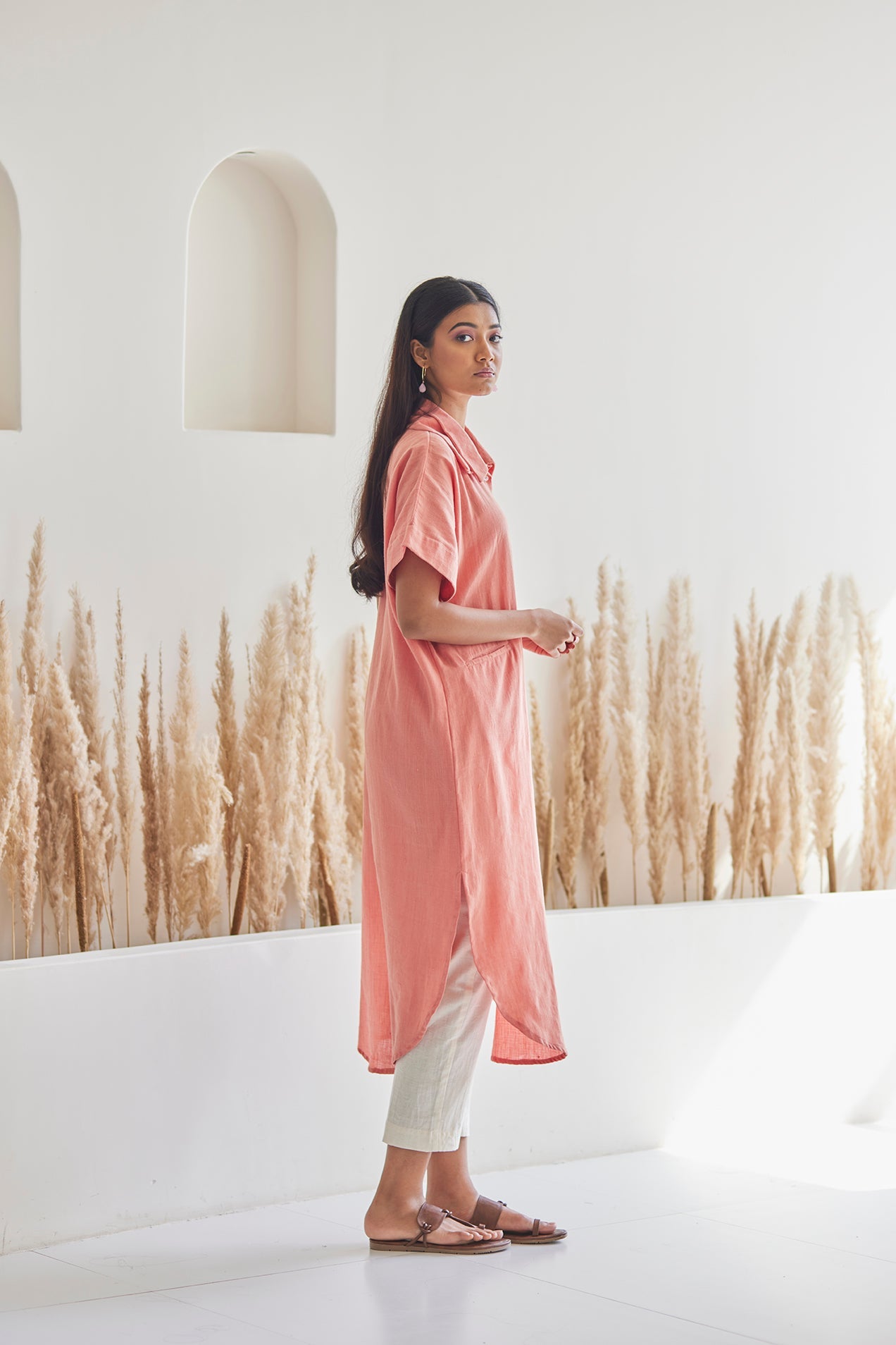 Peach Khaddar Cotton Kaftan with white khaddar pants