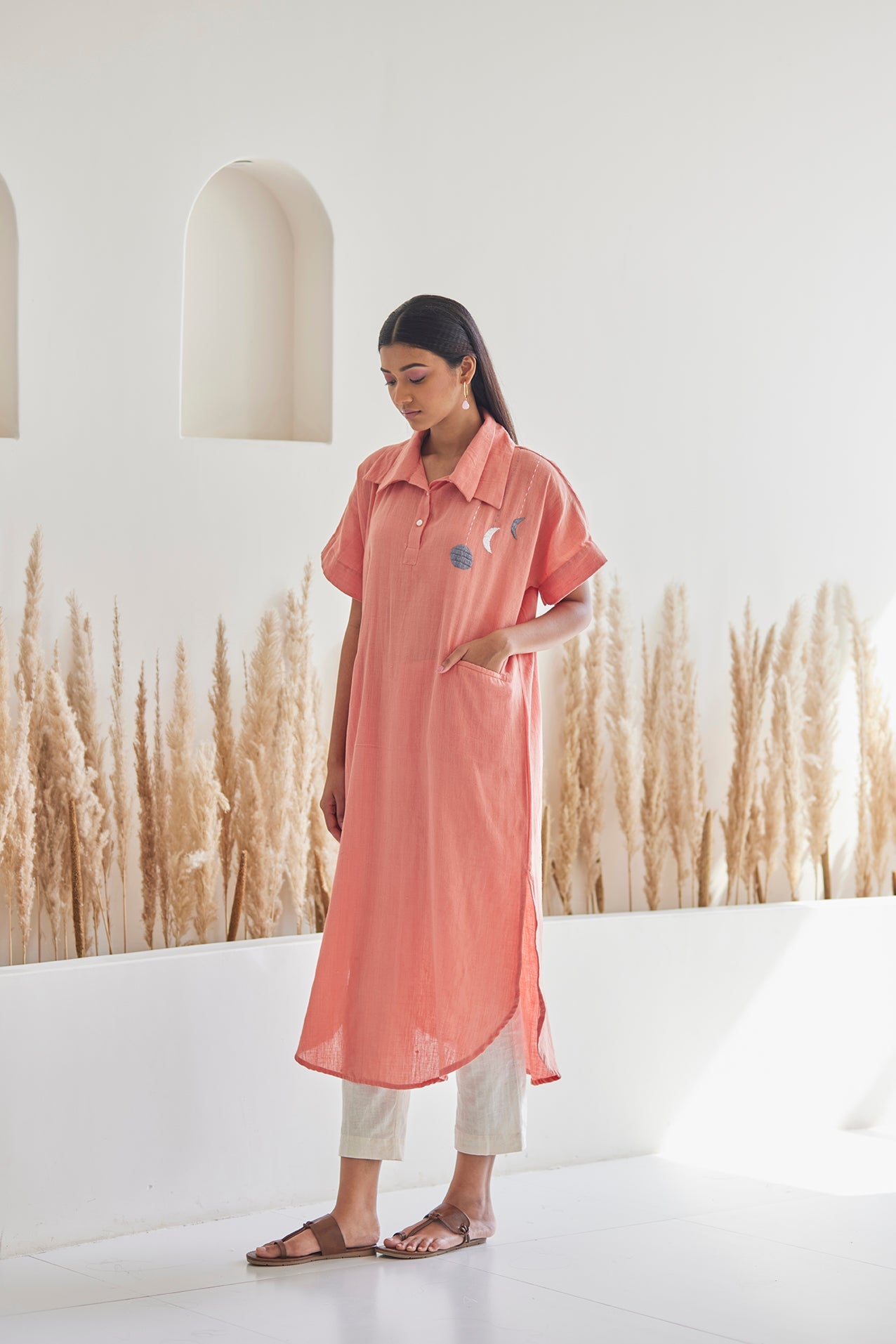 Peach Khaddar Cotton Kaftan with white khaddar pants