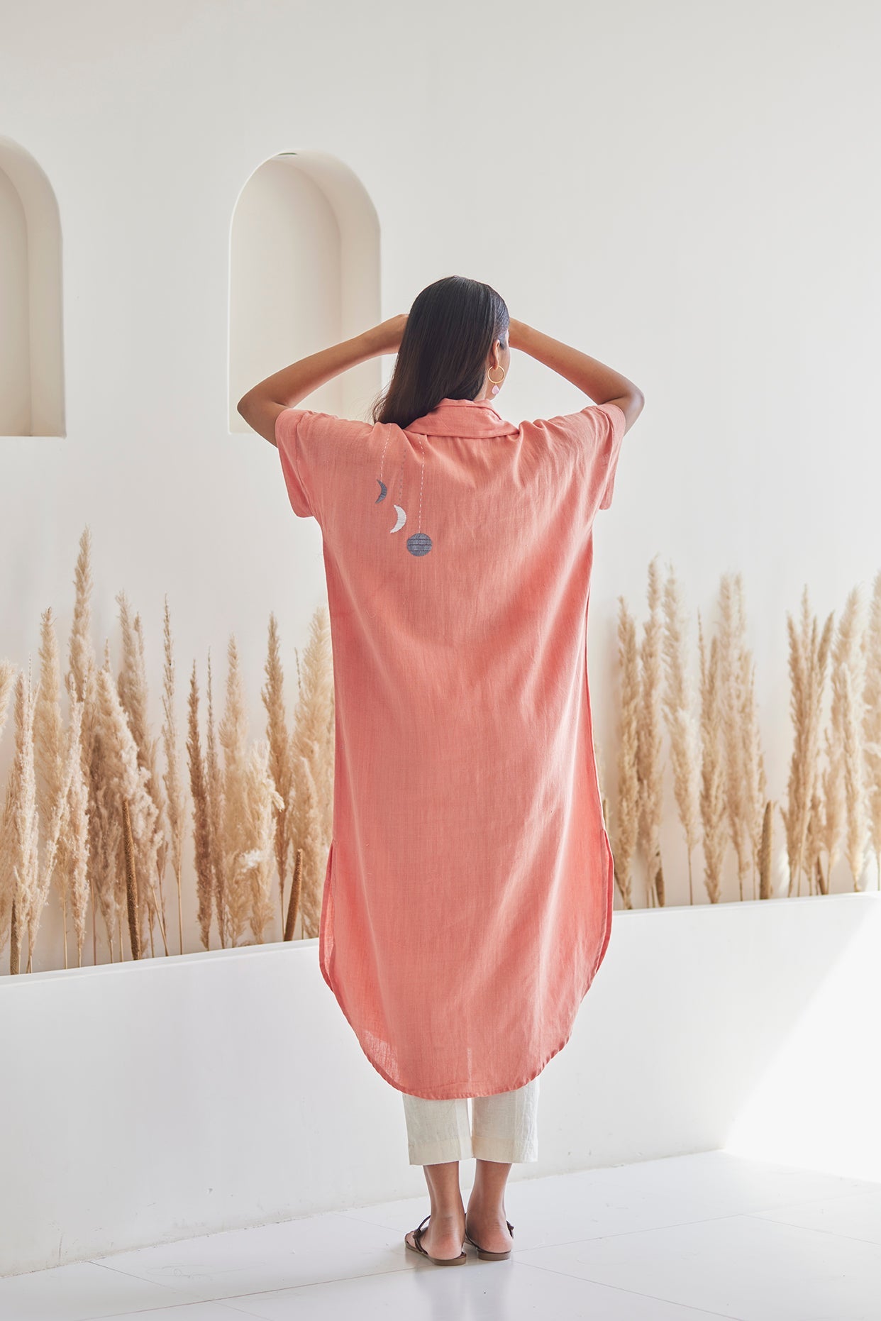 Peach Khaddar Cotton Kaftan with white khaddar pants