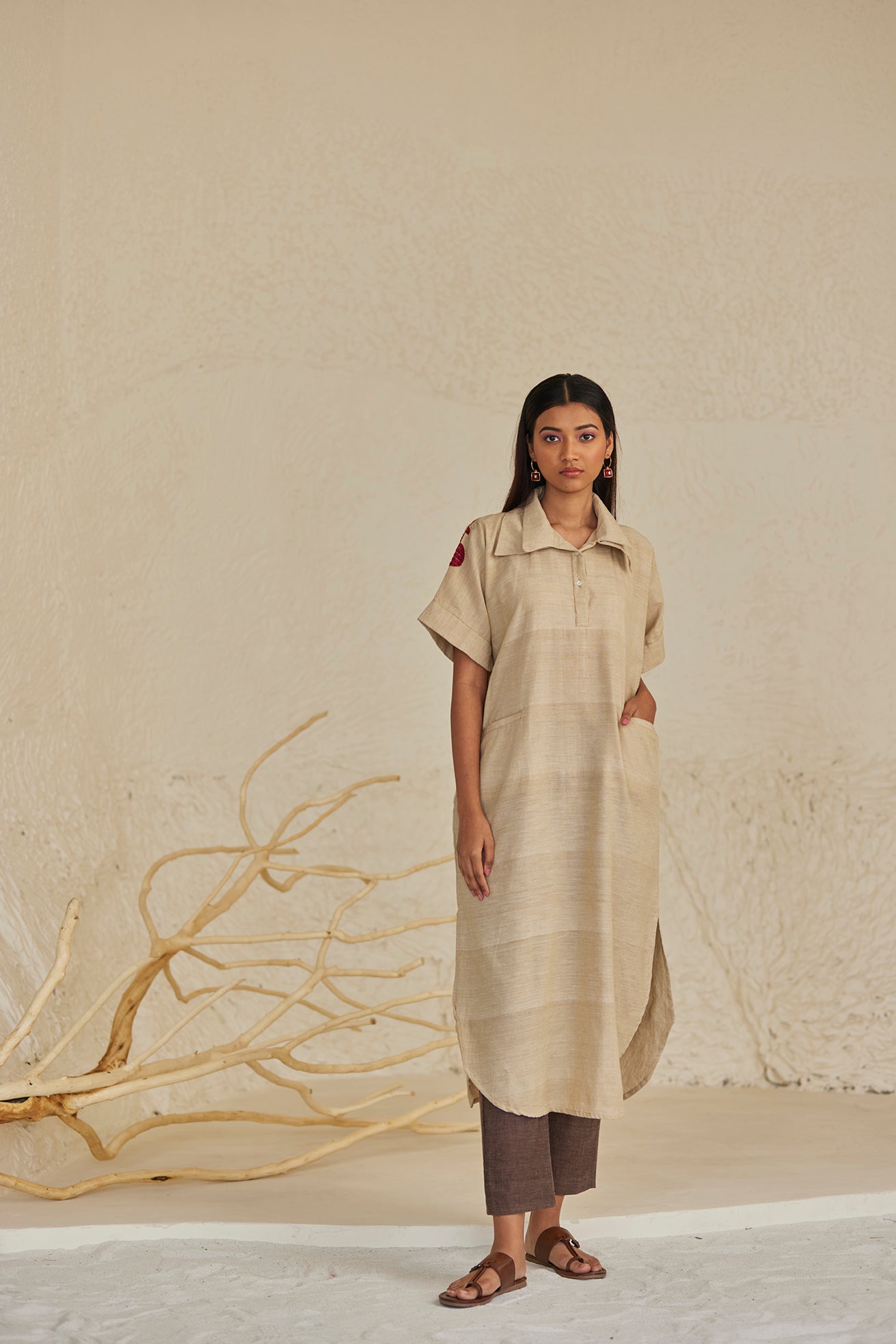 Hand-Embroidered Beige Kaftan with Brown Pants