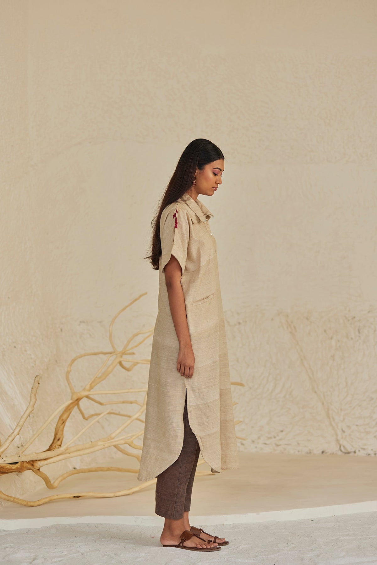 Hand-Embroidered Beige Kaftan with Brown Pants